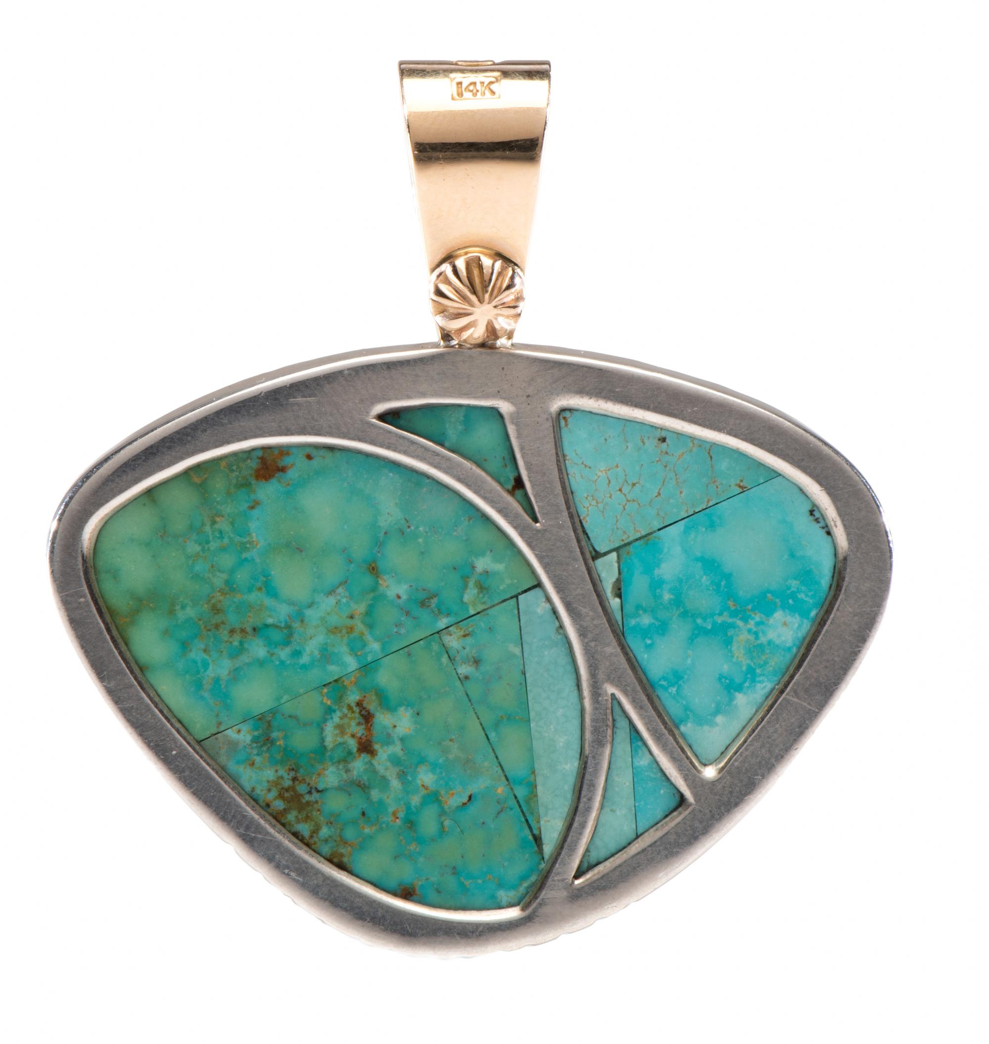 14k Gold and Sterling Silver Pendant, with Bisbee Turquoise Lot is located and will ship from Denver, Colorado.