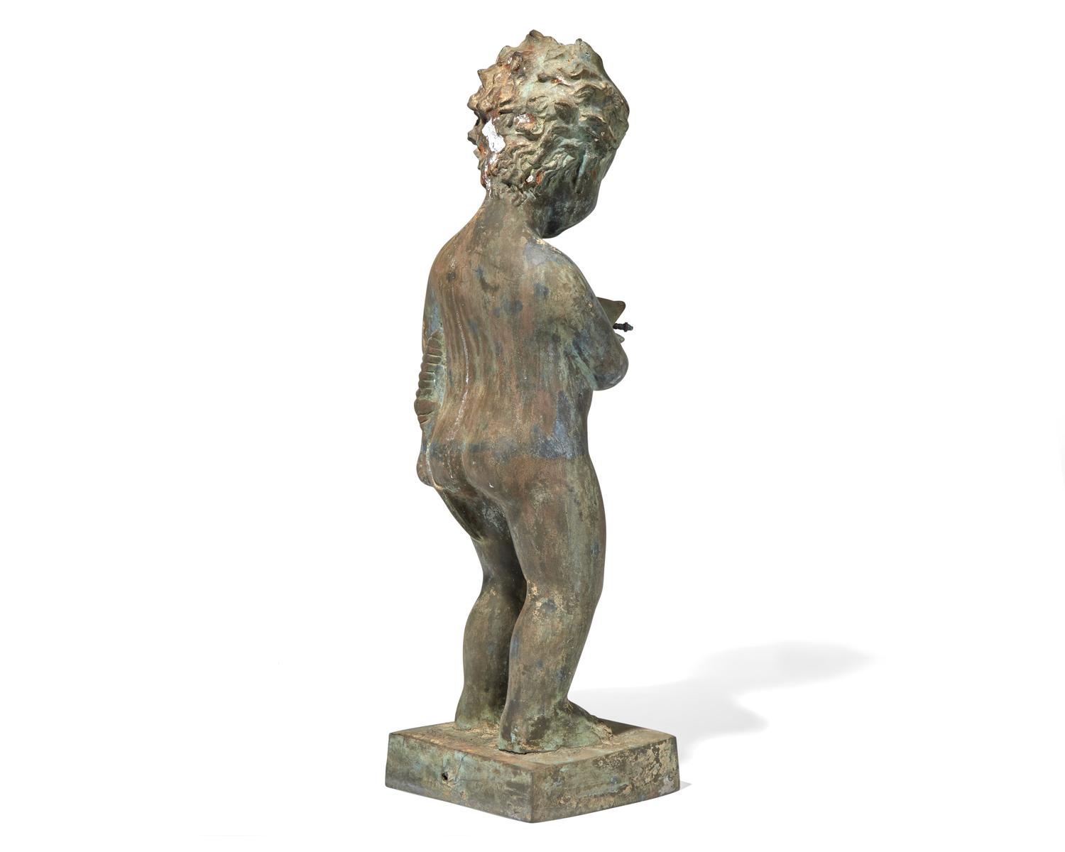 A cast zinc fountain head of a boy holding fish, 20th century