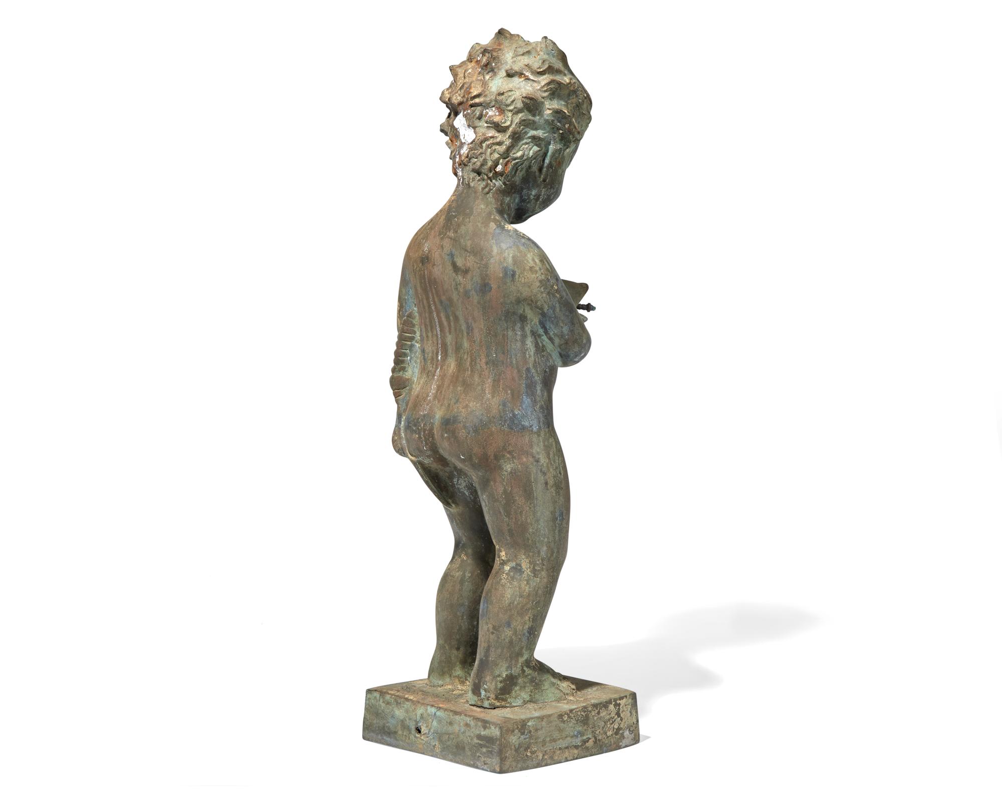 A cast zinc fountain head of a boy holding fish, 20th century