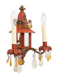 A Pair of Red Tole and Mirror-Inset Pagoda-Form Two-Light Sconces