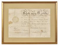 [Abolition]. Pemberton, James (1723-1809). Partly printed document signed ("James Pemberton"), and issued to William Sharpless (or Sharples), Philadelphia, 4 April 1795.
