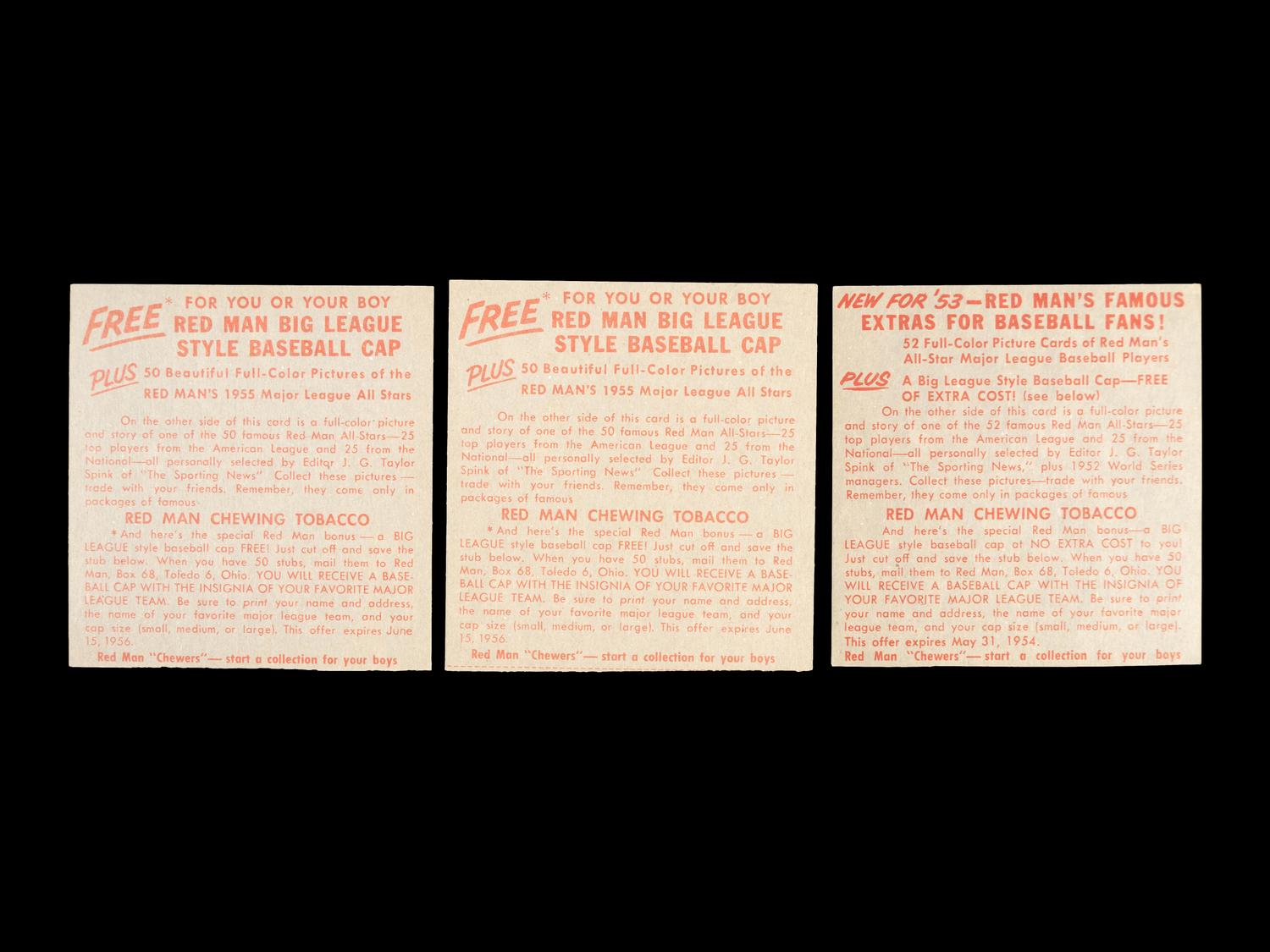 A Group of Three 1955 Red Man Baseball Cards,