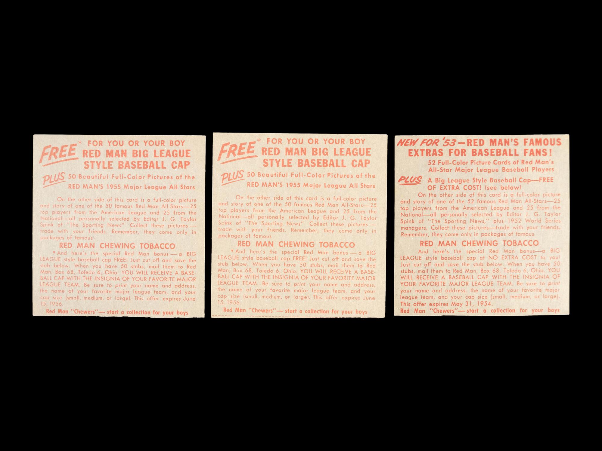A Group of Three 1955 Red Man Baseball Cards,