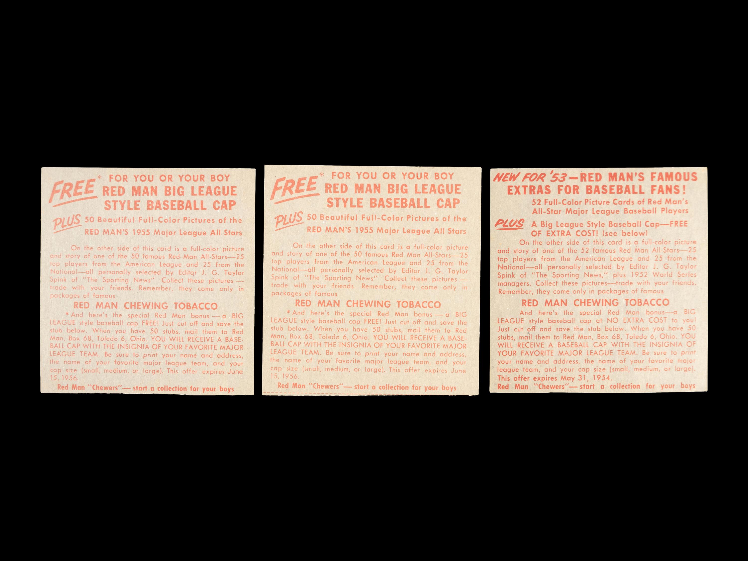 A Group of Three 1955 Red Man Baseball Cards,