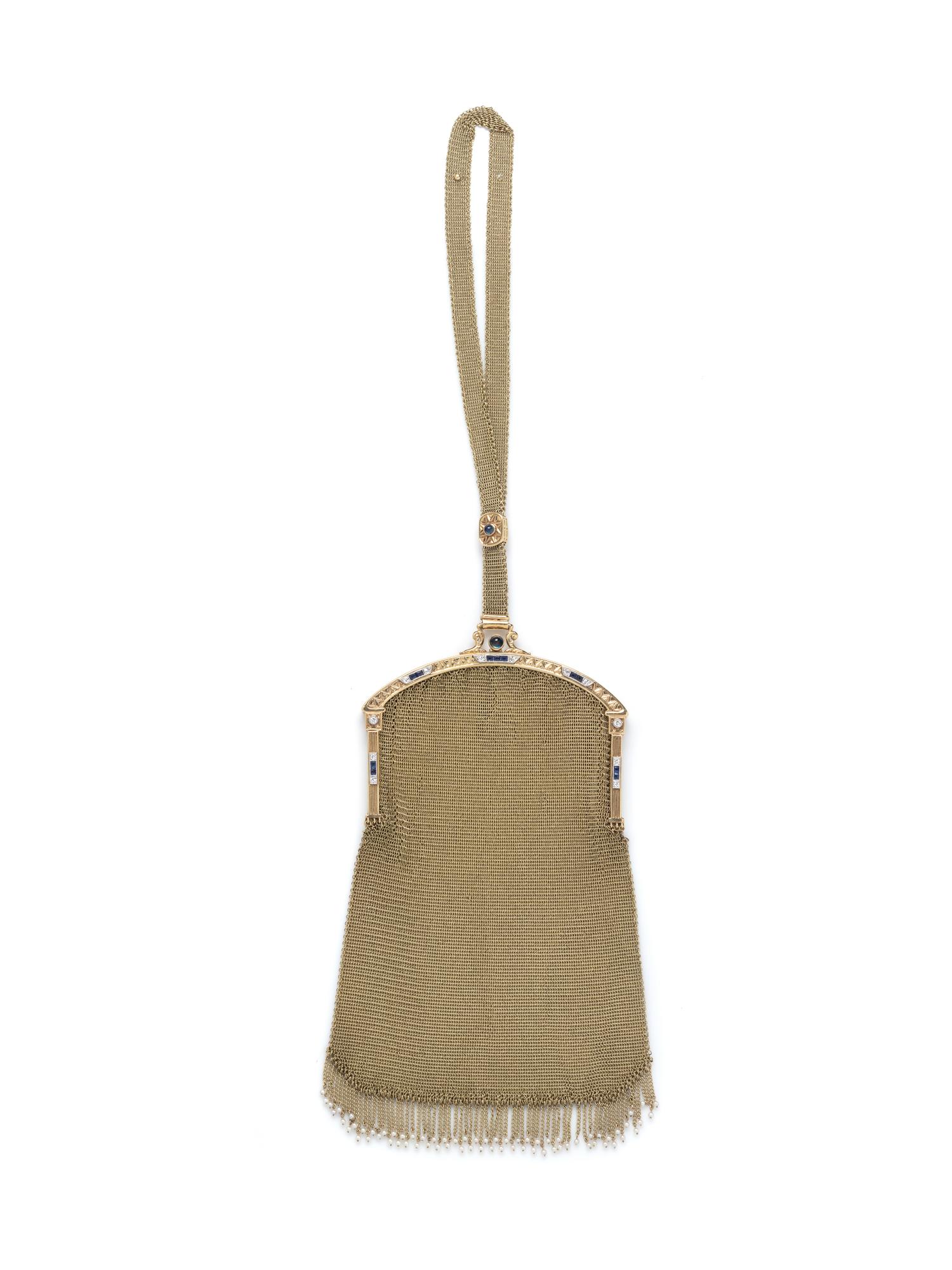 ANTIQUE, YELLOW GOLD, DIAMOND AND SAPPHIRE MESH PURSE