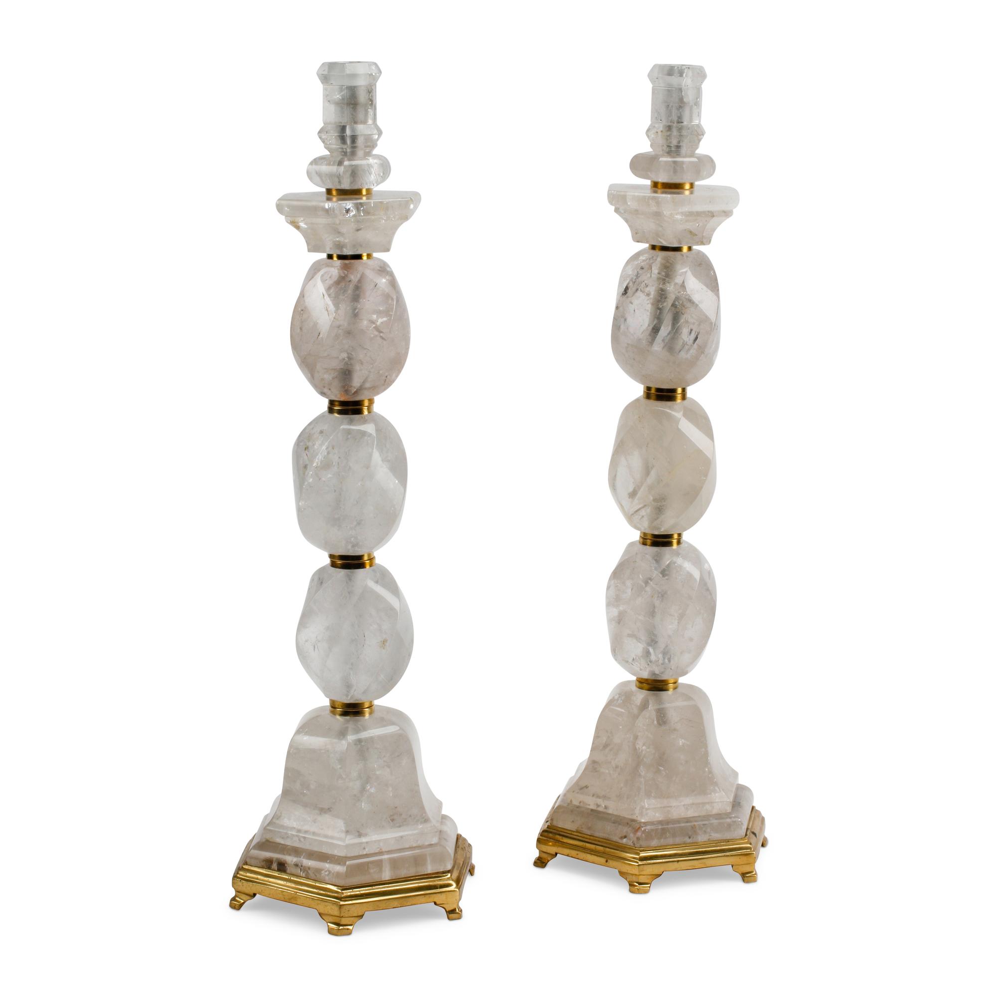 A Pair of Neoclassical Style Rock Crystal and Bronze Candlesticks