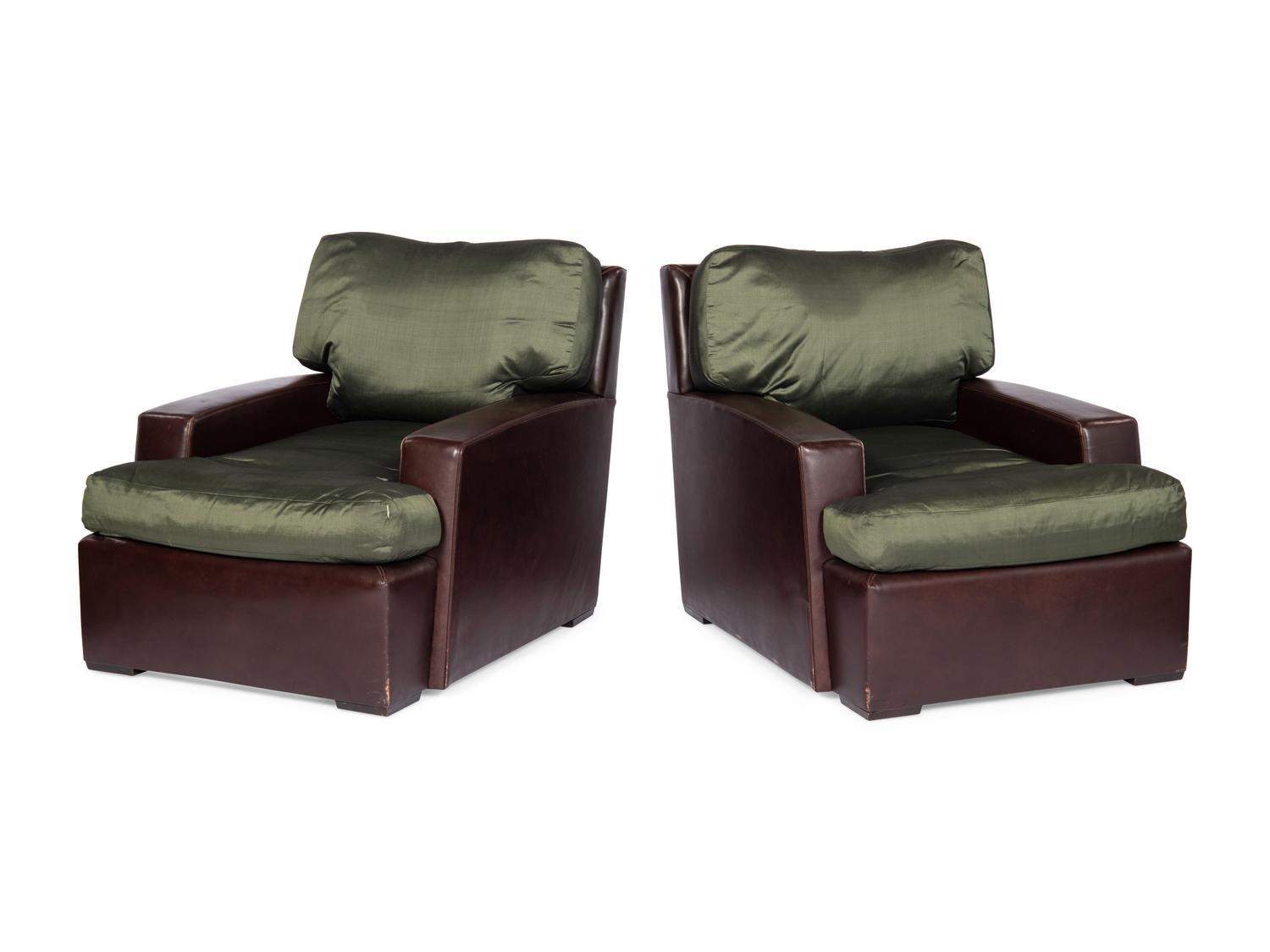 A Pair of Brown Leather and Green Silk Custom Armchairs
