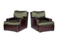 A Pair of Brown Leather and Green Silk Custom Armchairs
