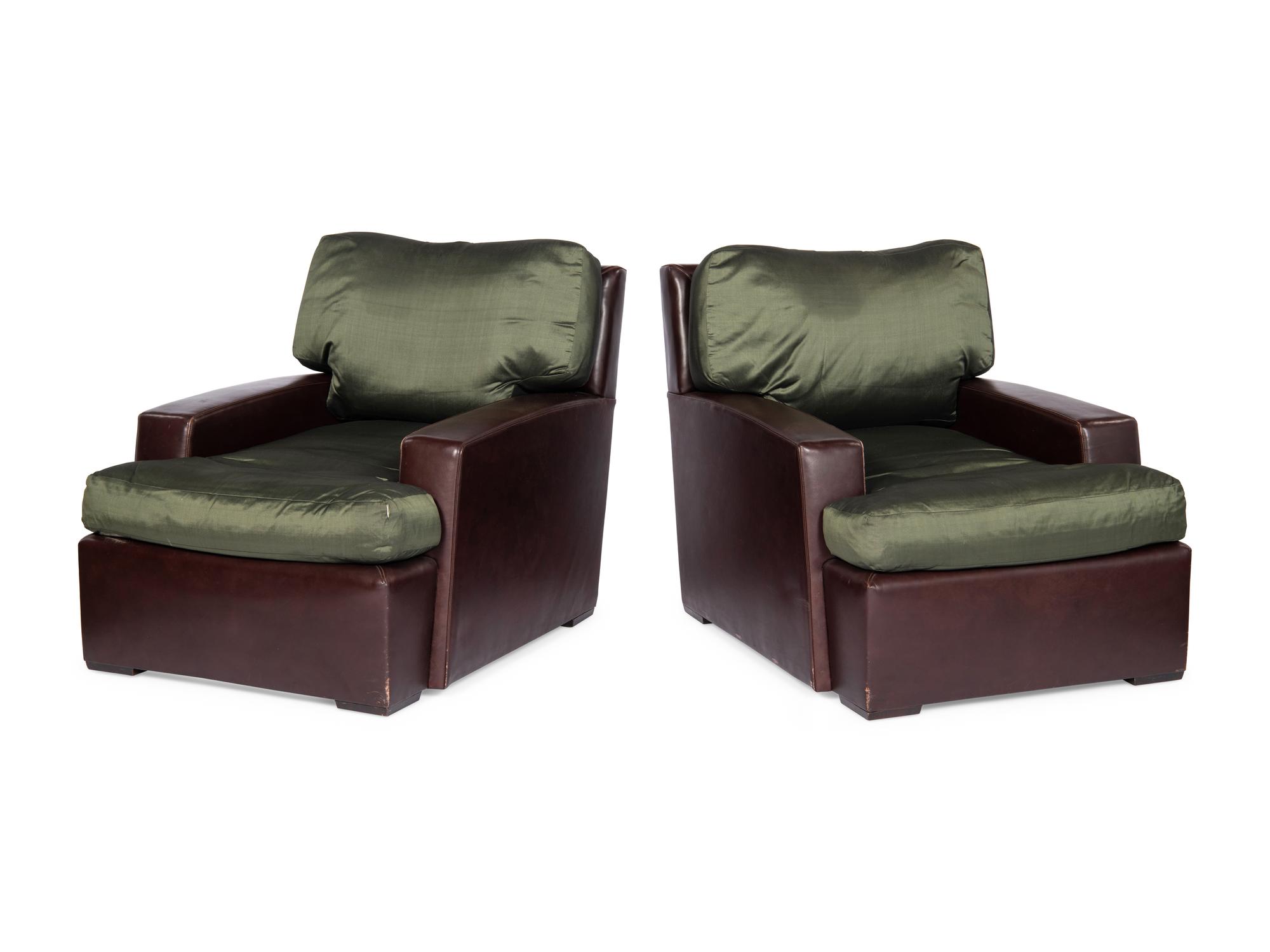 A Pair of Brown Leather and Green Silk Custom Armchairs