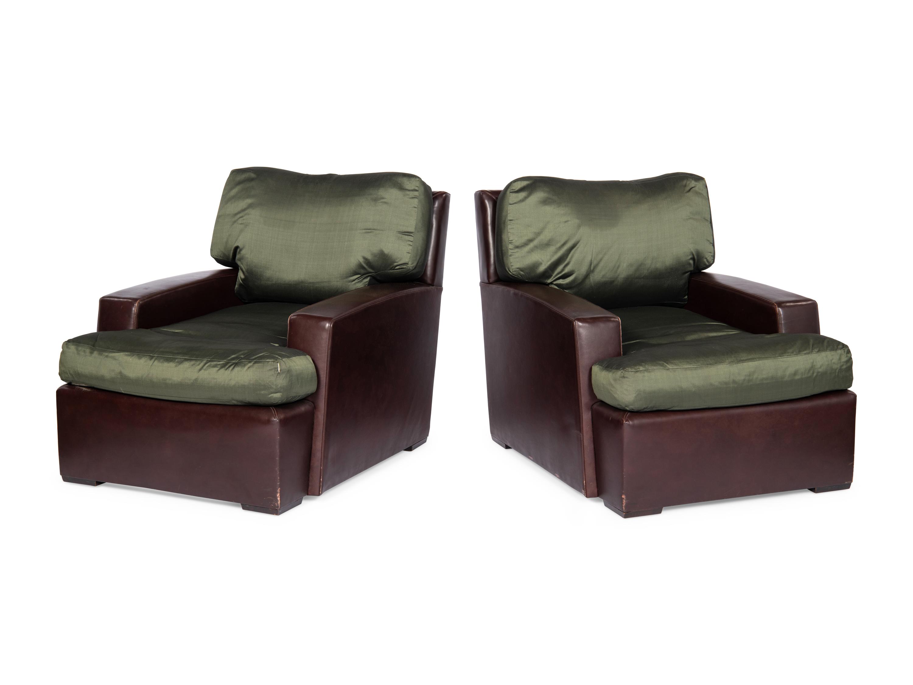 A Pair of Brown Leather and Green Silk Custom Armchairs
