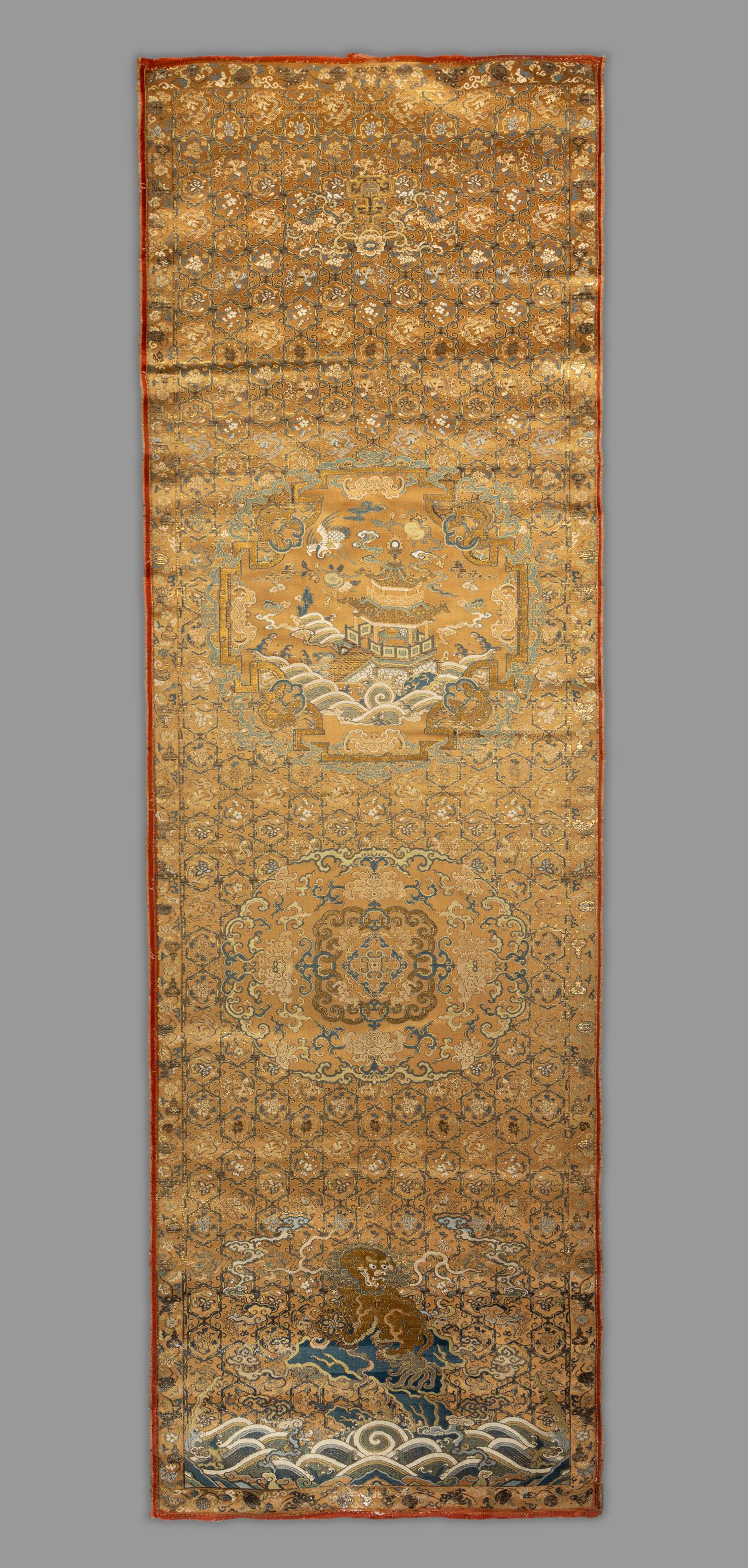 A Chinese Gold Ground Brocade Woven Silk Panel