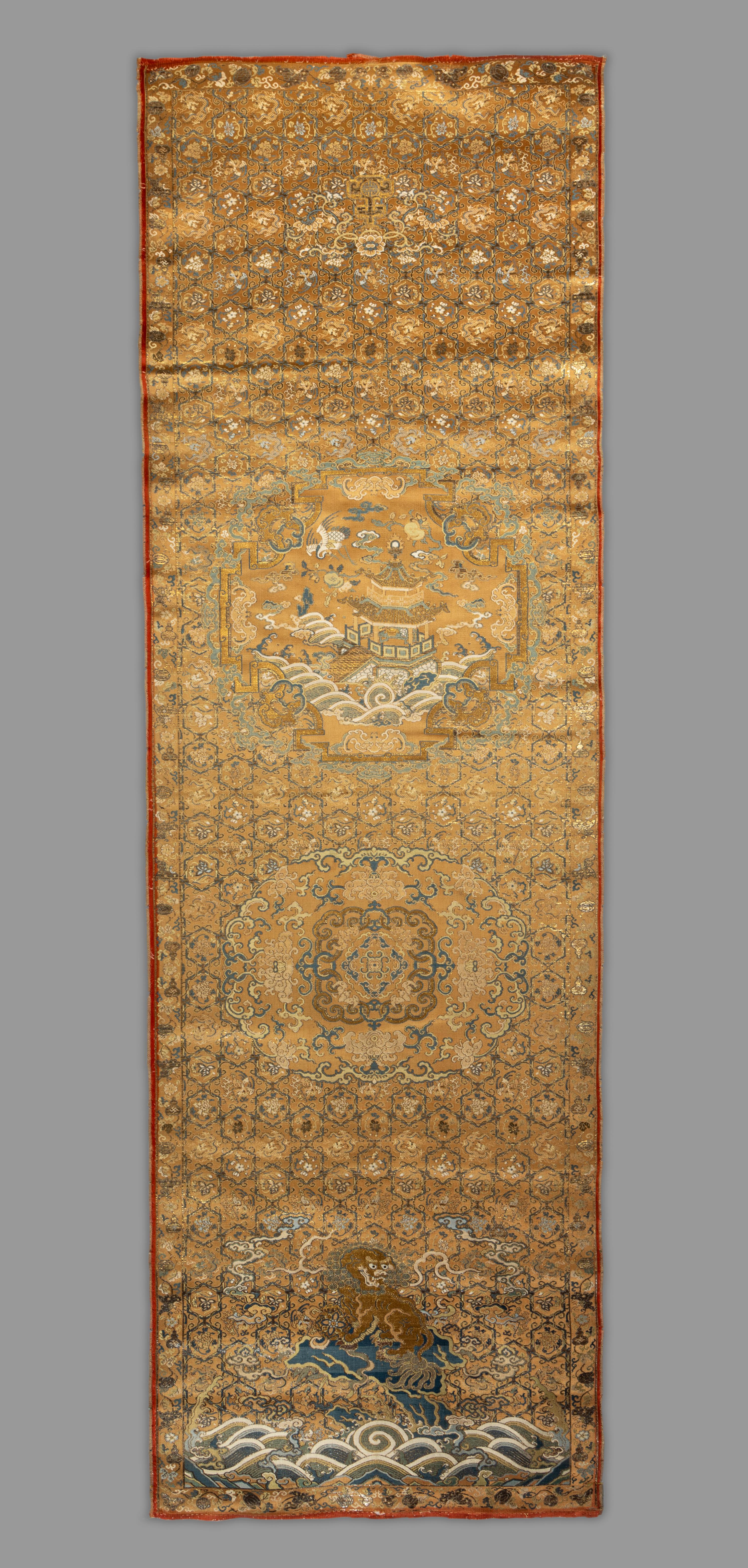 A Chinese Gold Ground Brocade Woven Silk Panel