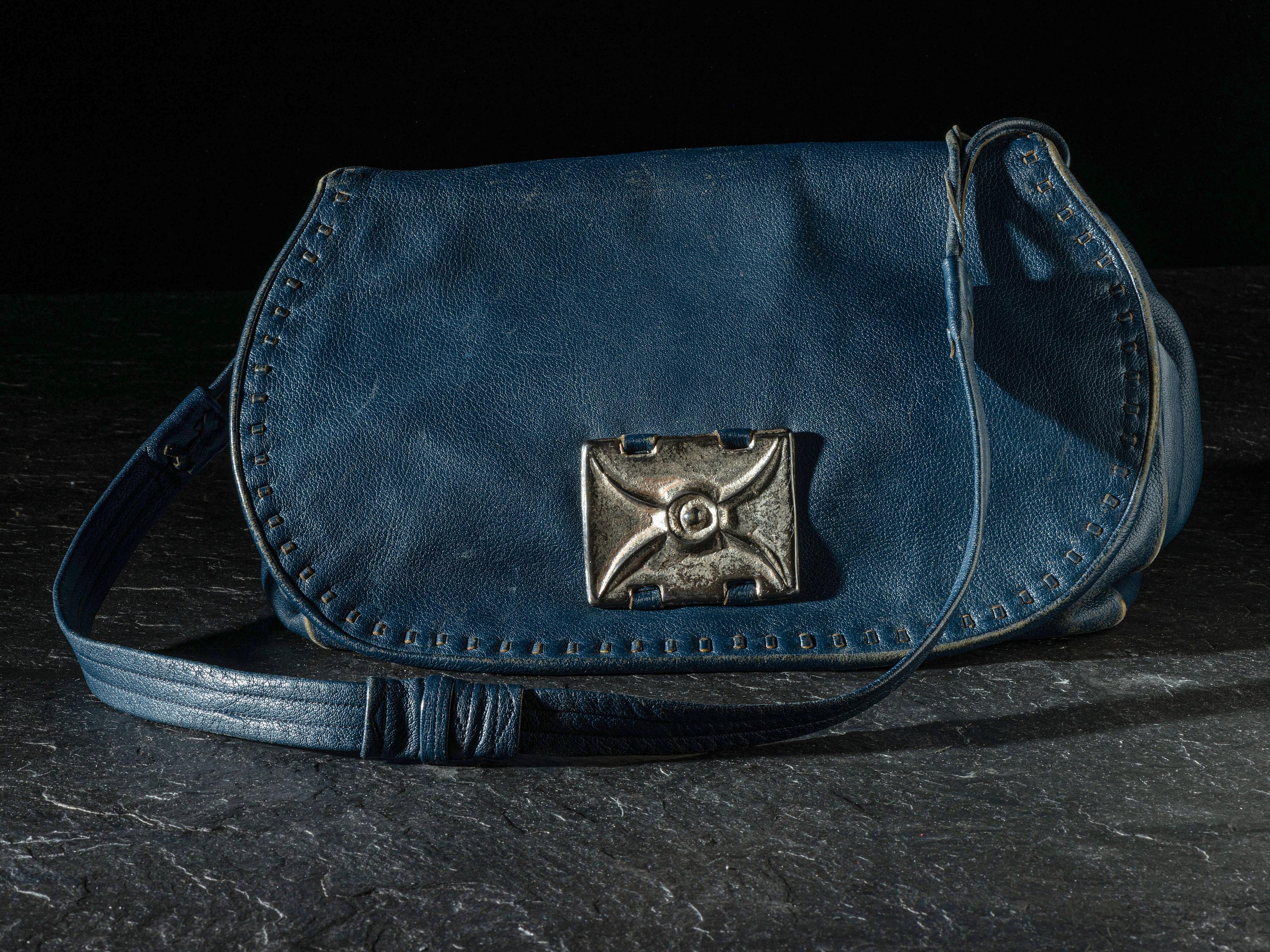 Large Navy Blue Drawstring Purse, with Sand Cast Silver Decoration