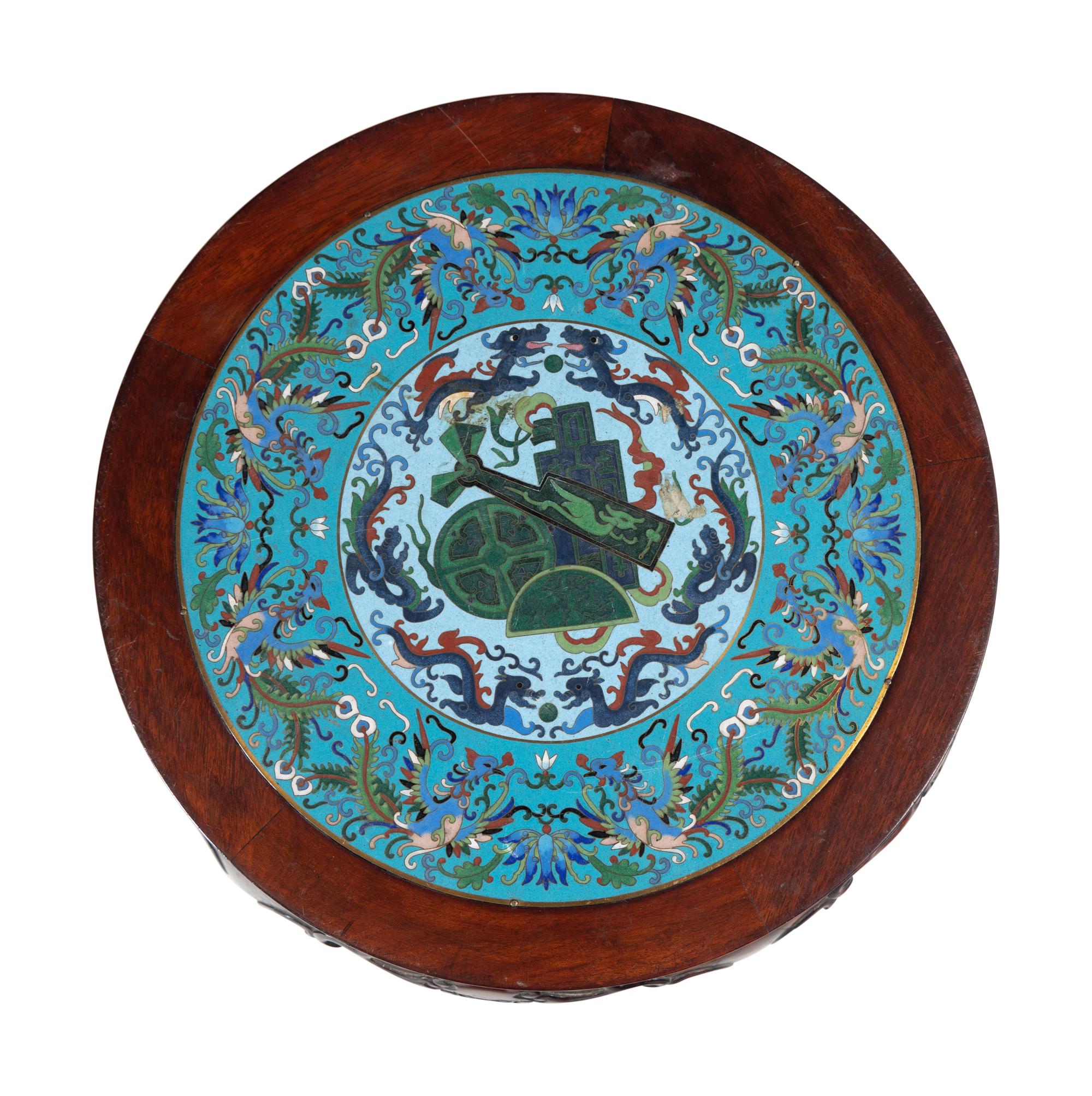 A Matched Pair of Chinese Cloisonné Enamel Inset Hardwood Circular Stands