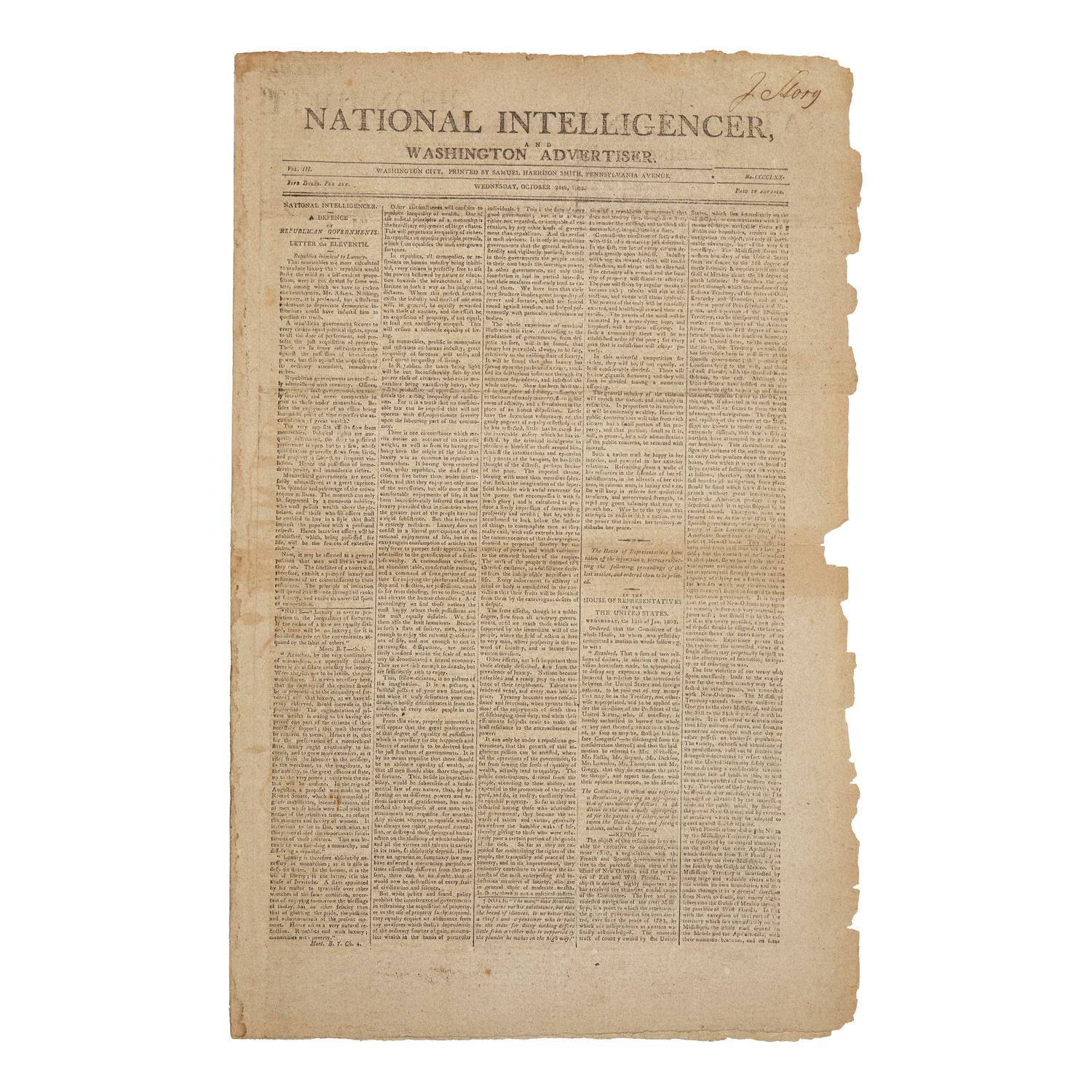 [Louisiana Purchase] Report Regarding the Louisiana Purchase in the National Intelligencer, and Washington Advertiser