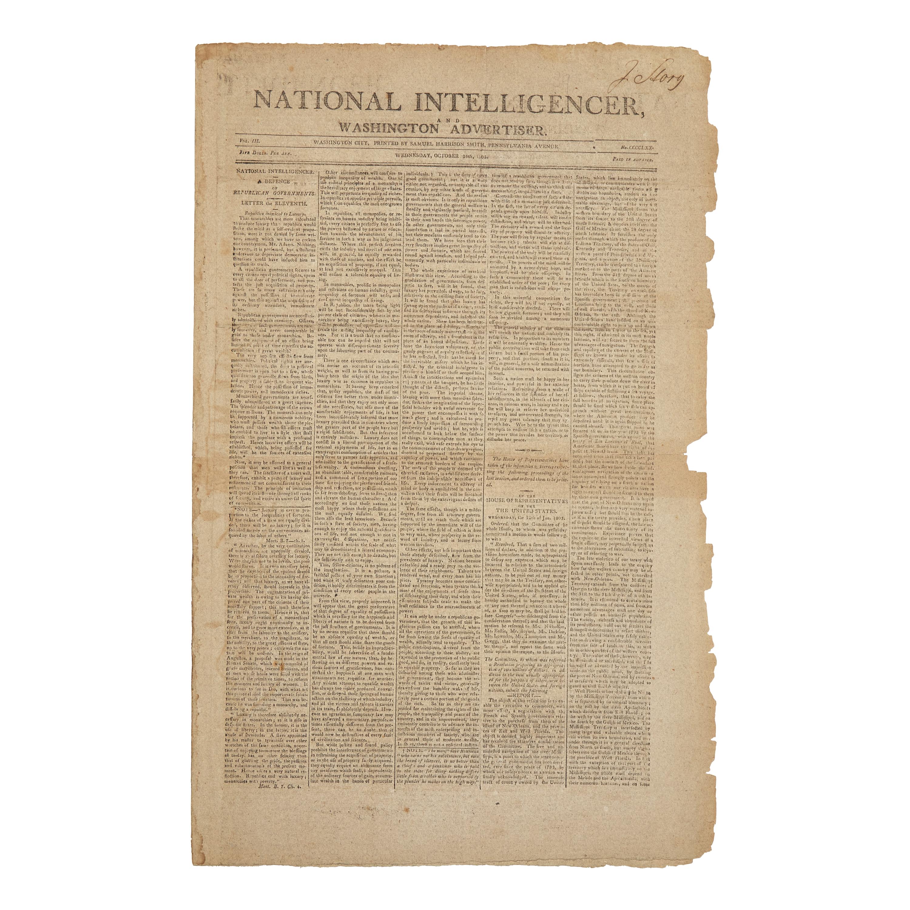 *[Louisiana Purchase] Report Regarding the Louisiana Purchase in the National Intelligencer, and Washington Advertiser