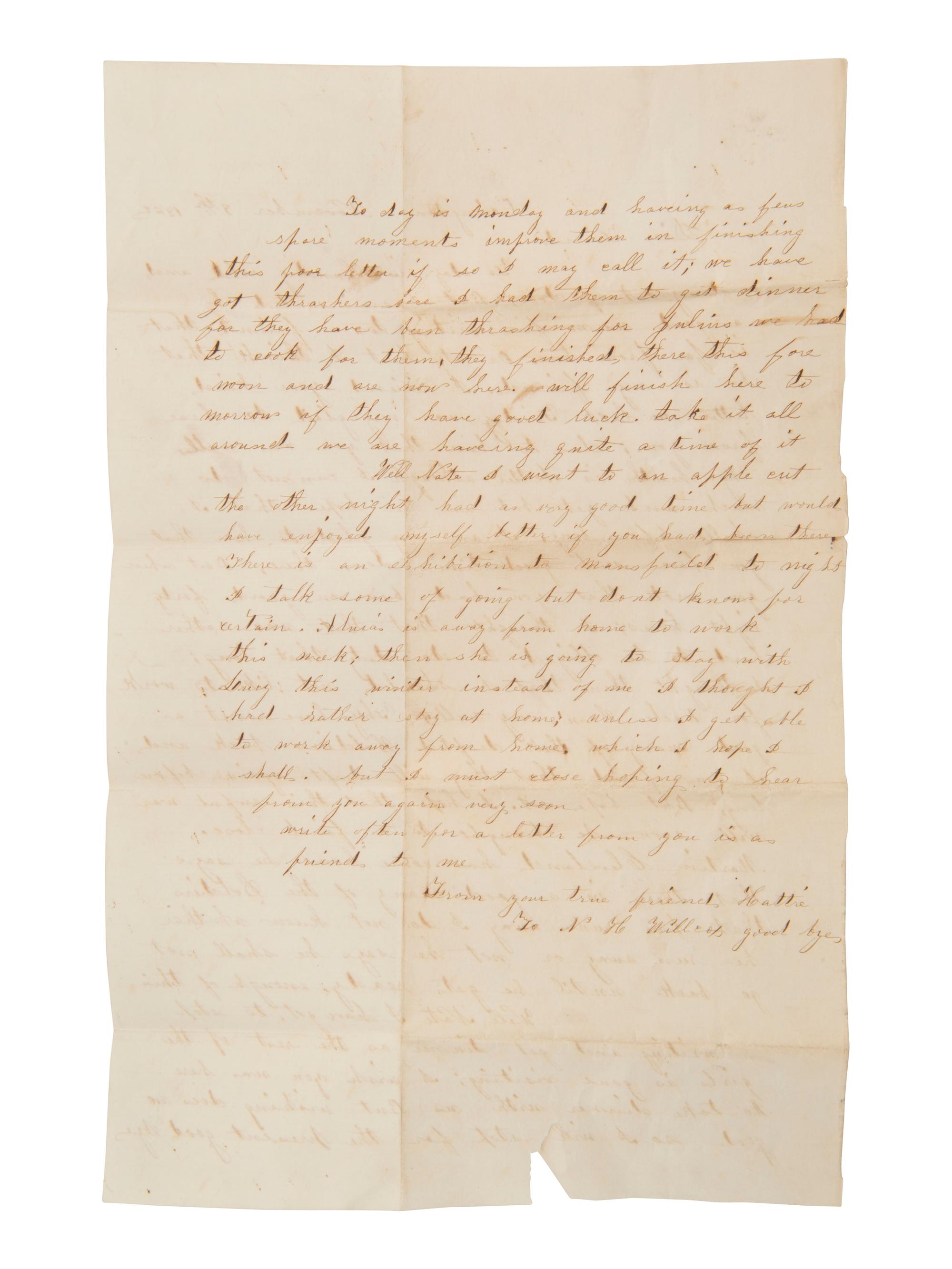 [CIVIL WAR]. Letter to a soldier, Nathan Wilcox, KIA at Gettysburg. Covington, [PA], 9 November 1862