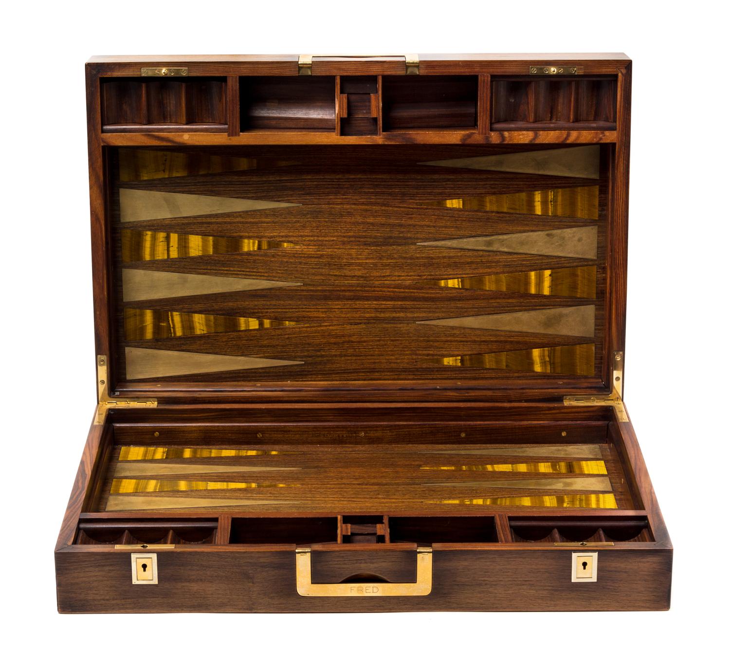 An English Brass Mounted Rosewood Backgammon Case Height 4 x width 18 3/8 x depth 12 inches. — 20TH CENTURY