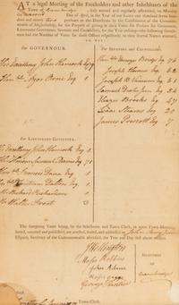 [Hancock, John (1737-1793)]. Partly printed official document attested to by Secretary of the Commonwealth John Avery, Jr., certifying the town of Cambridge results for the 1792 Massachusetts gubernatorial election, 2 April 1792.