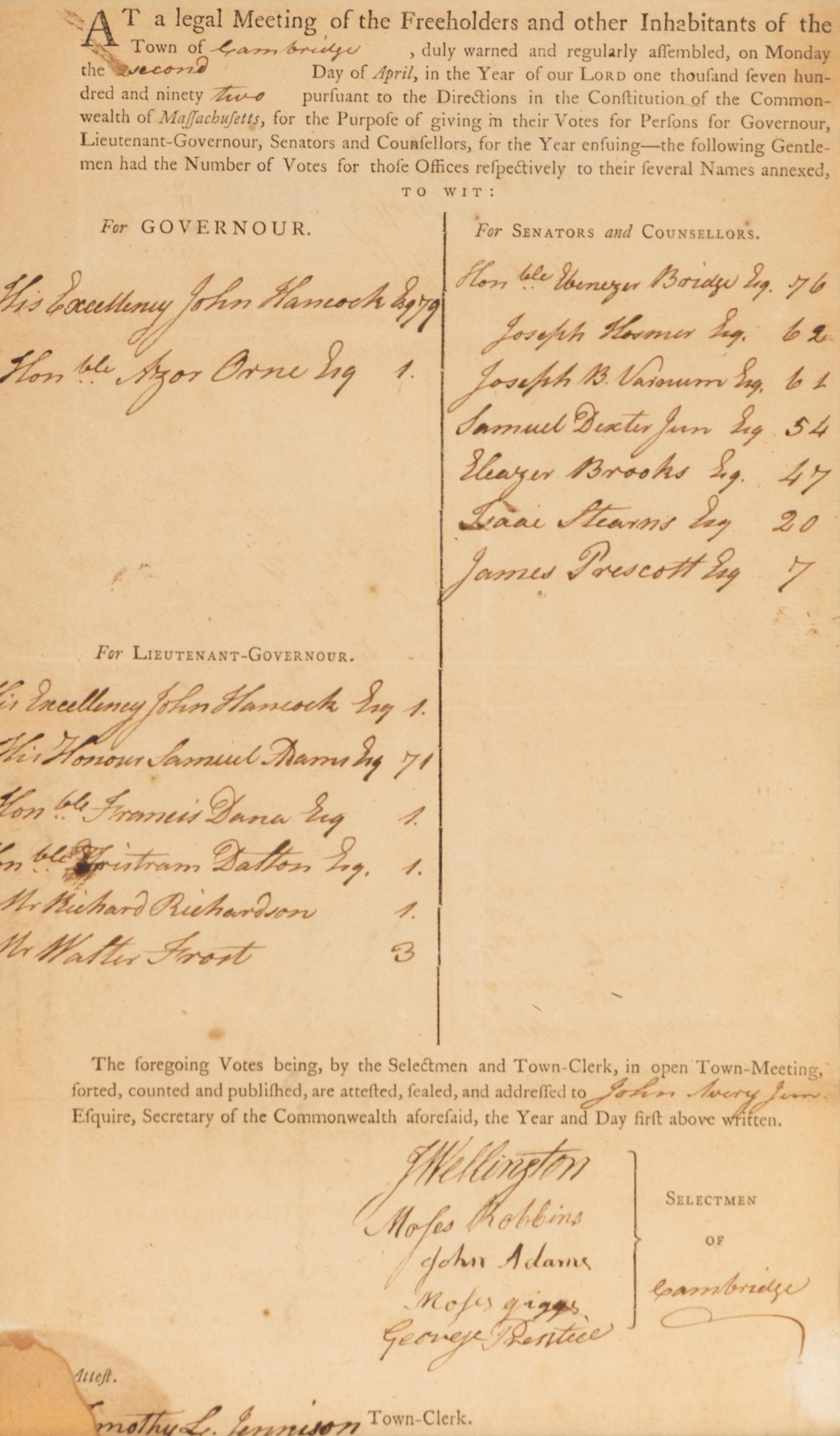 [Hancock, John (1737-1793)]. Partly printed official document attested to by Secretary of the Commonwealth John Avery, Jr., certifying the town of Cambridge results for the 1792 Massachusetts gubernatorial election, 2 April 1792.