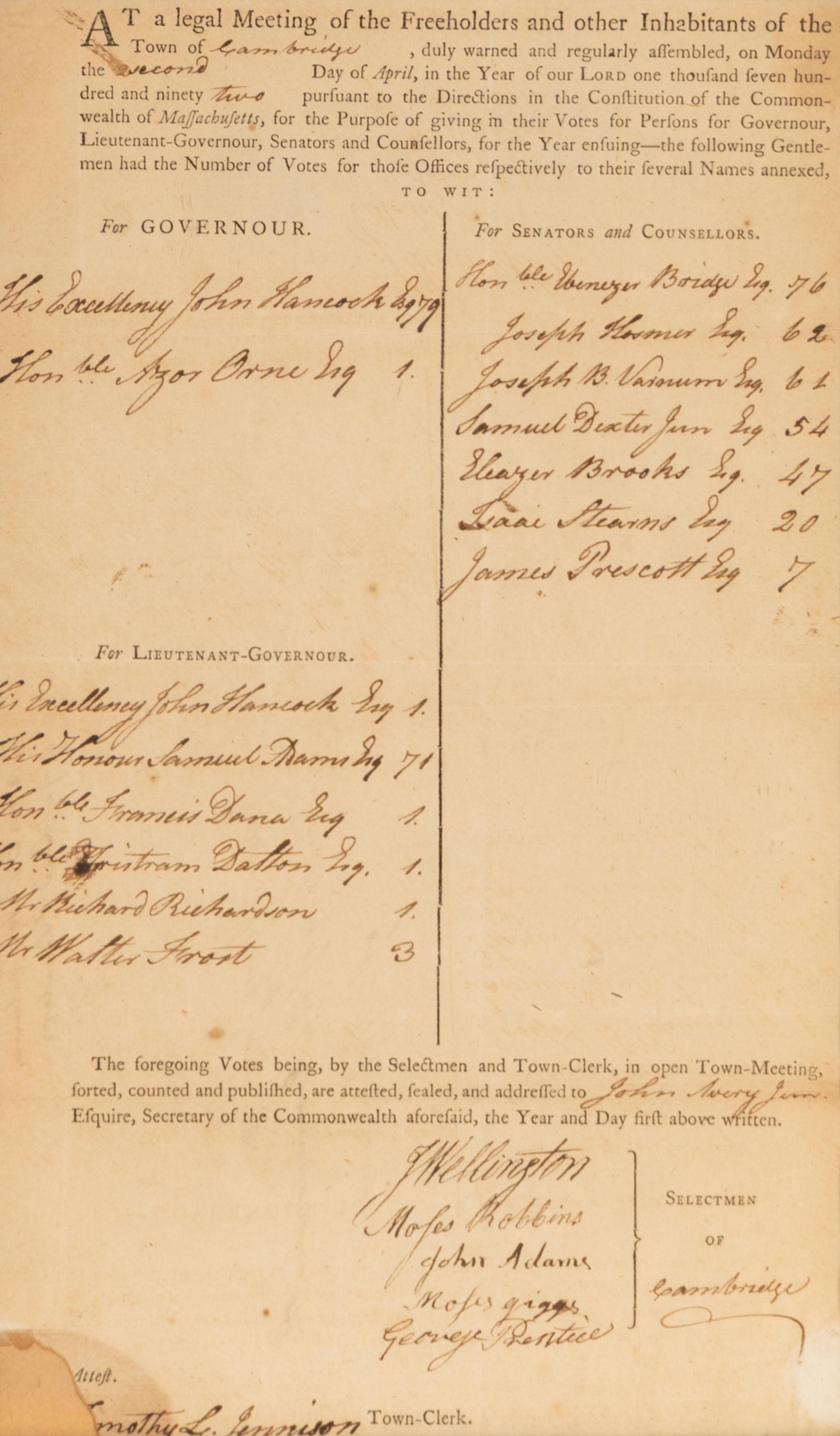 [Hancock, John (1737-1793)]. Partly printed official document attested to by Secretary of the Commonwealth John Avery, Jr., certifying the town of Cambridge results for the 1792 Massachusetts gubernatorial election, 2 April 1792.