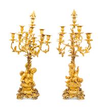 A Pair of Louis XV Style Gilt Bronze Figural Ten-Light Candelabra