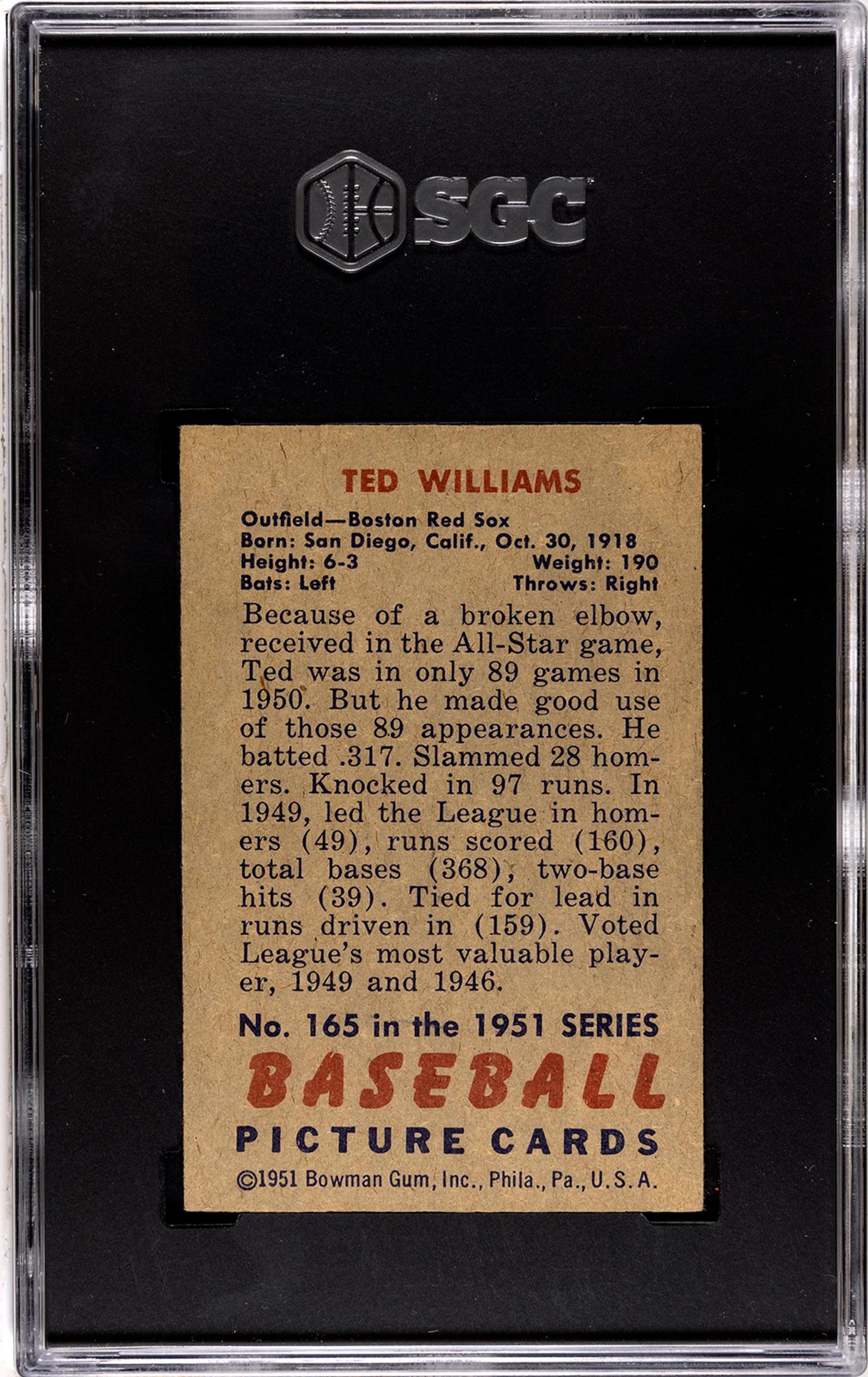 A 1951 Bowman Ted Williams Baseball Card No. 165 (SGC 3 VG)