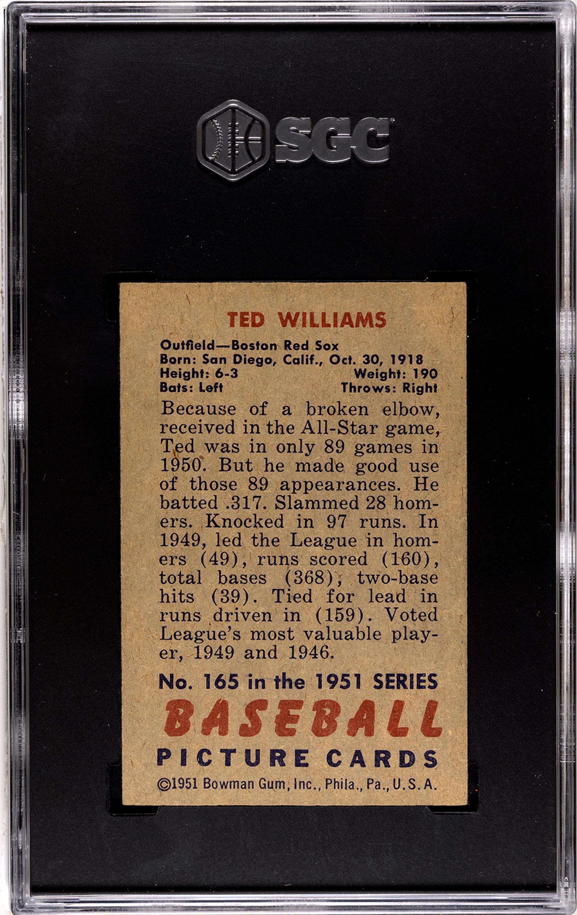 A 1951 Bowman Ted Williams Baseball Card No. 165 (SGC 3 VG)