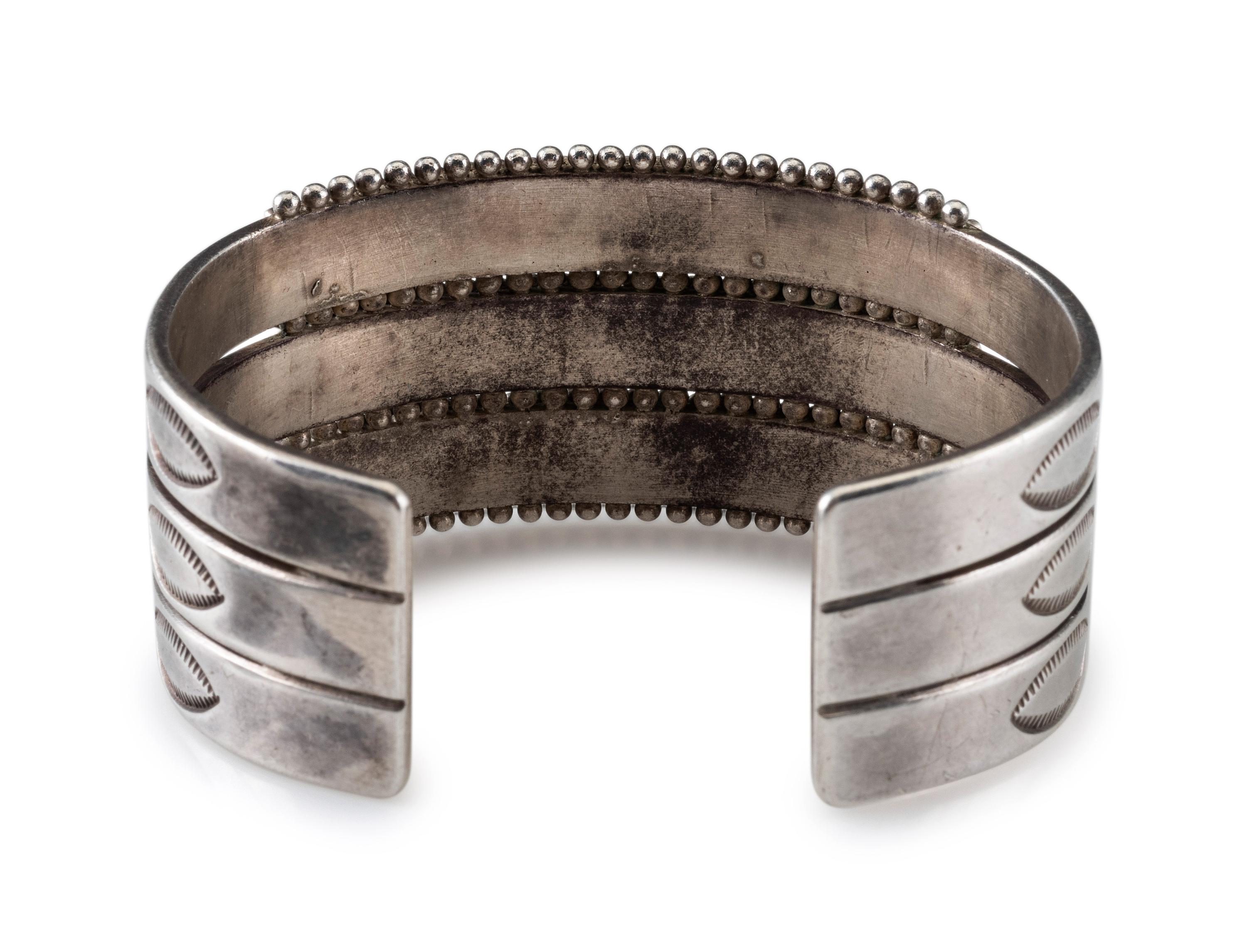 Navajo or Zuni Stamped Silver Cuff Bracelet, with Needle Point Turquoise