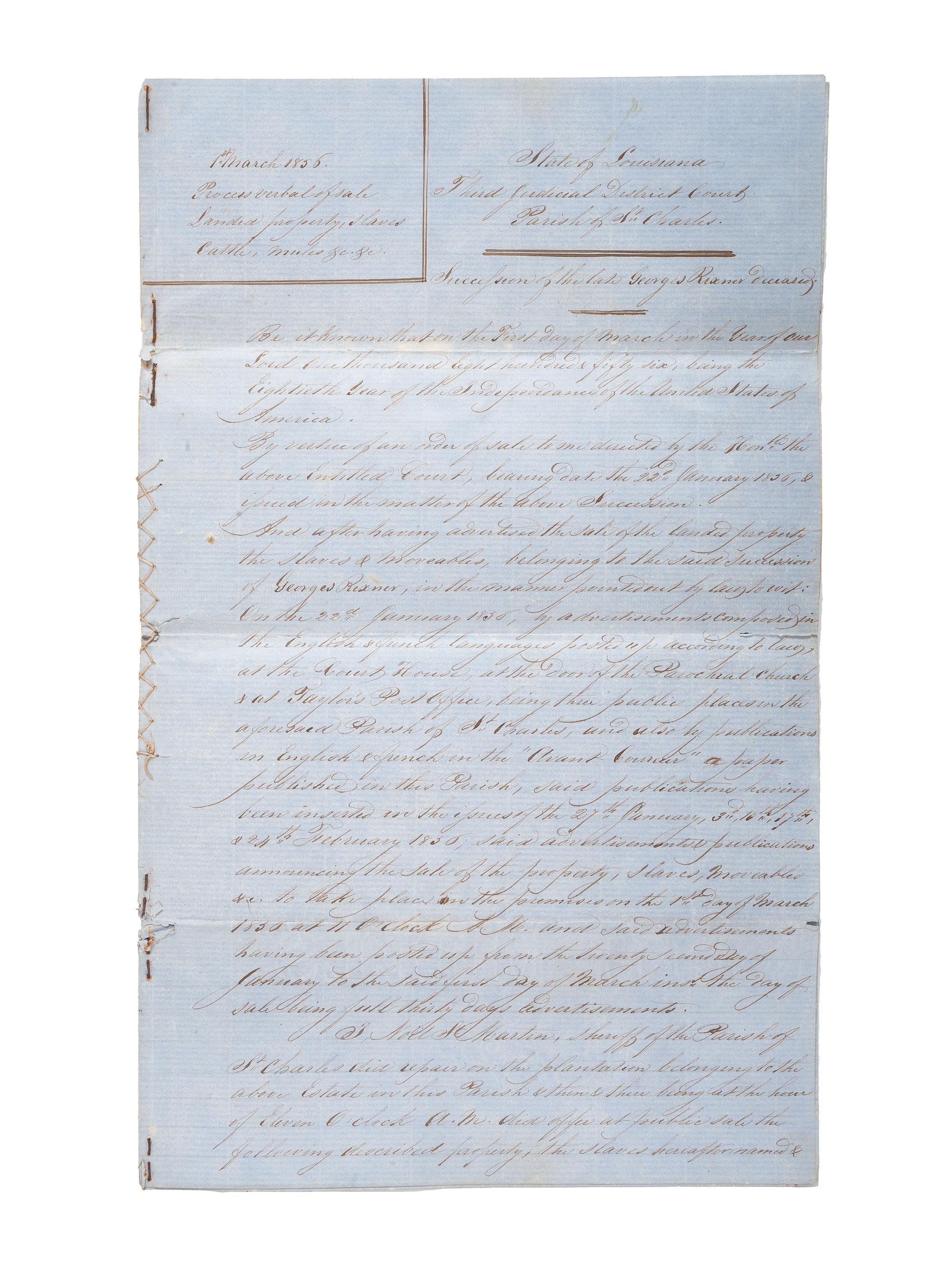 [SLAVERY & ABOLITION]. Manuscript "Process Verbal of Sale" of the late George Rixner, incl. list of 45 enslaved African Americans. St. Charles Parish, LA,1 March 1856.