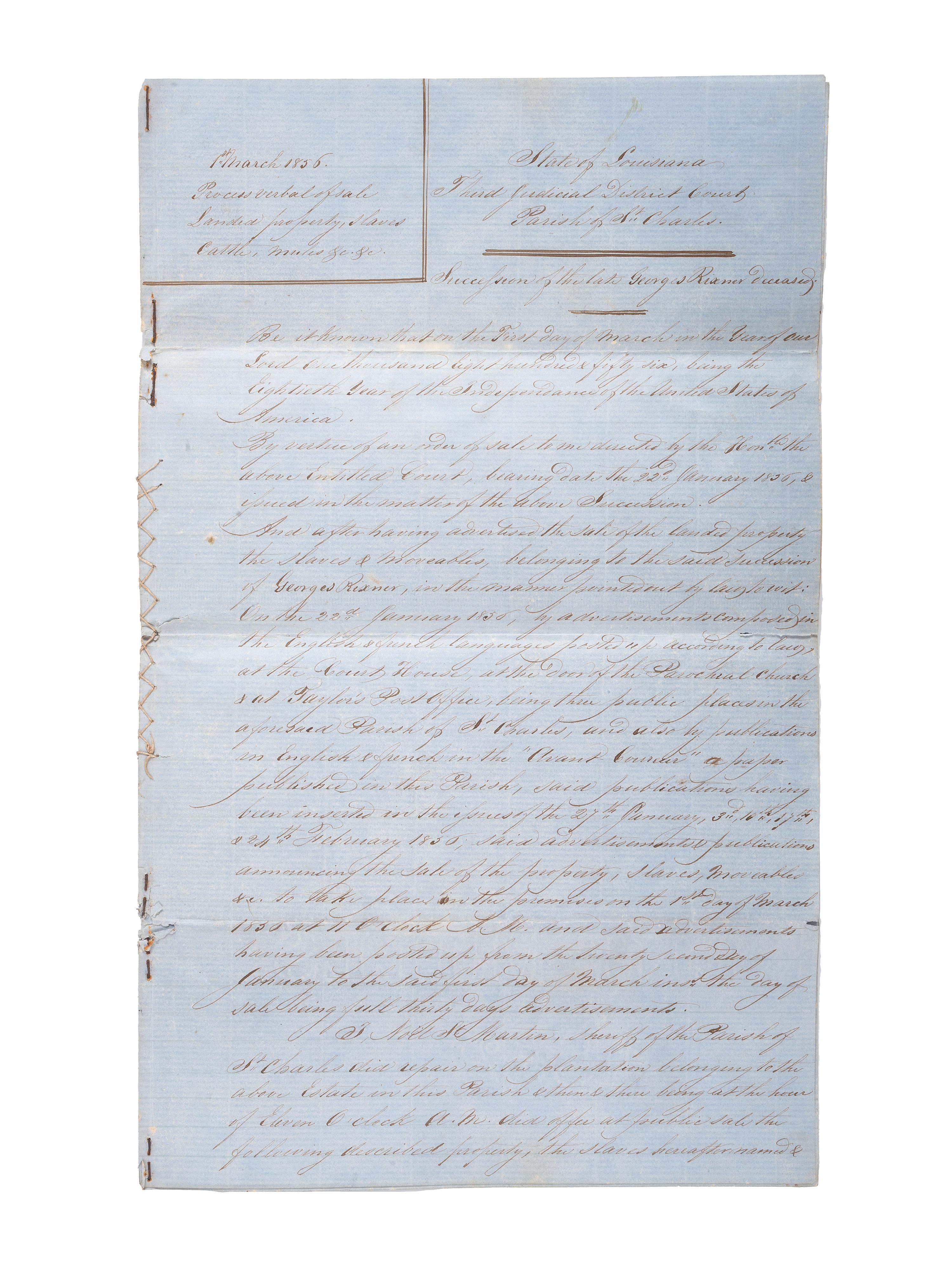 [SLAVERY & ABOLITION]. Manuscript "Process Verbal of Sale" of the late George Rixner, incl. list of 45 enslaved African Americans. St. Charles Parish, LA,1 March 1856.