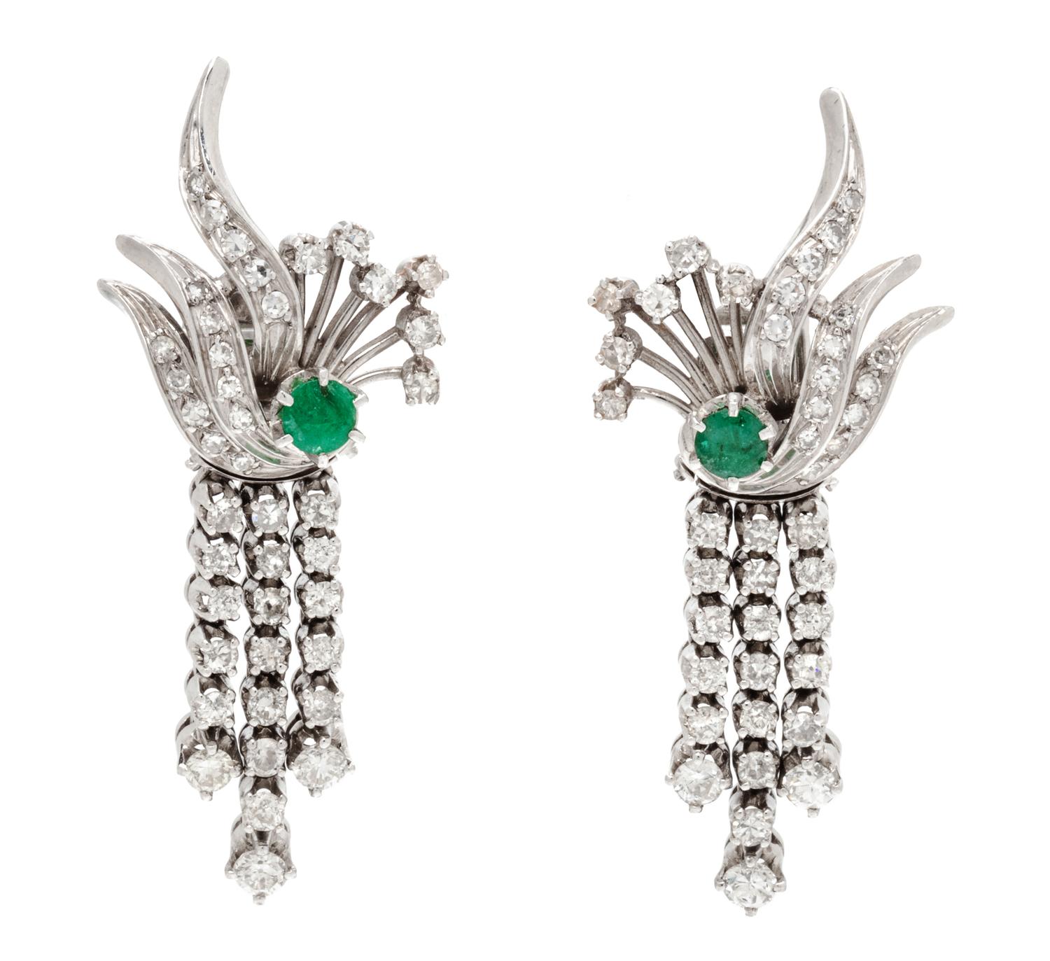 A Pair of Platinum, Emerald and Diamond Convertible Earclips, 15.05 dwts.