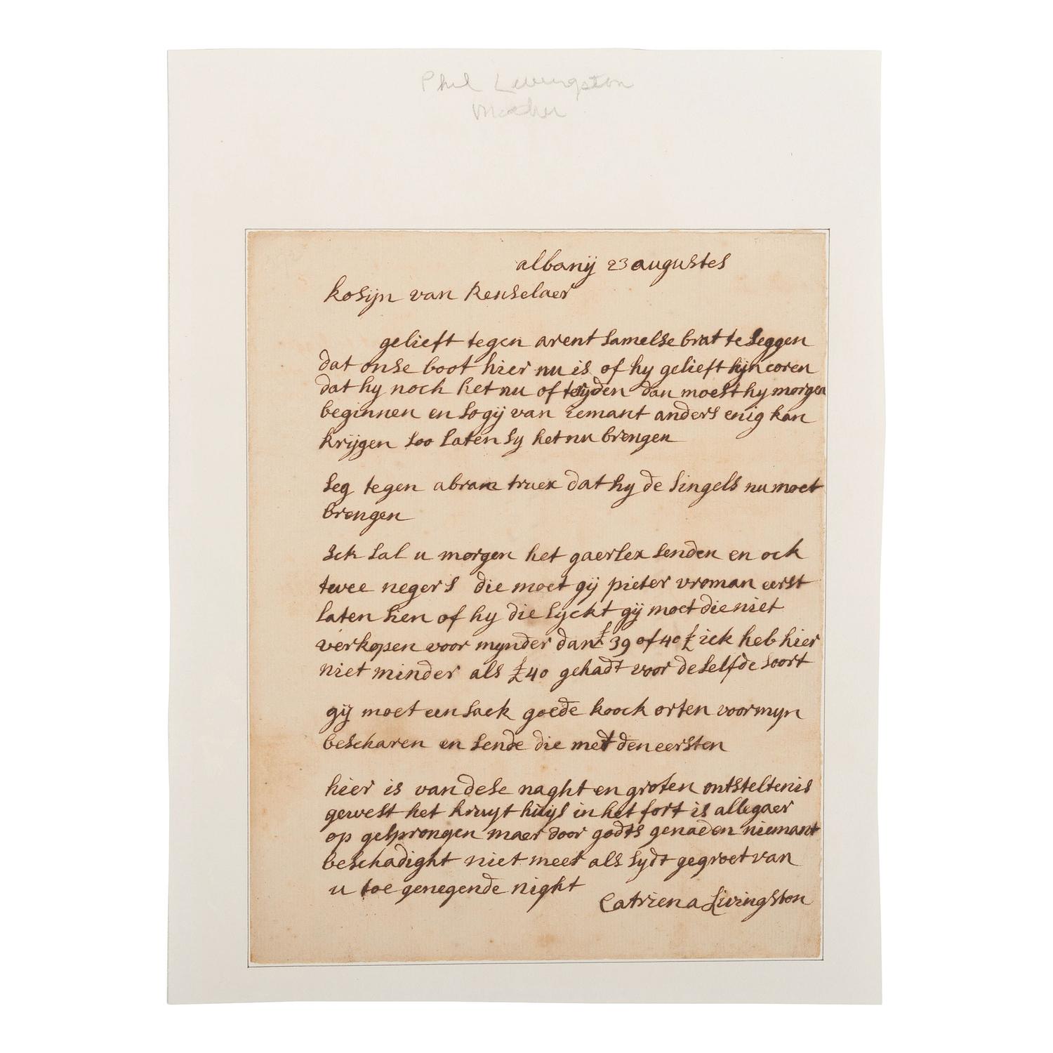 [African Americana] Livingston, Catrina. Autograph Letter, signed, on the Sale of Two Enslaved African Americans
