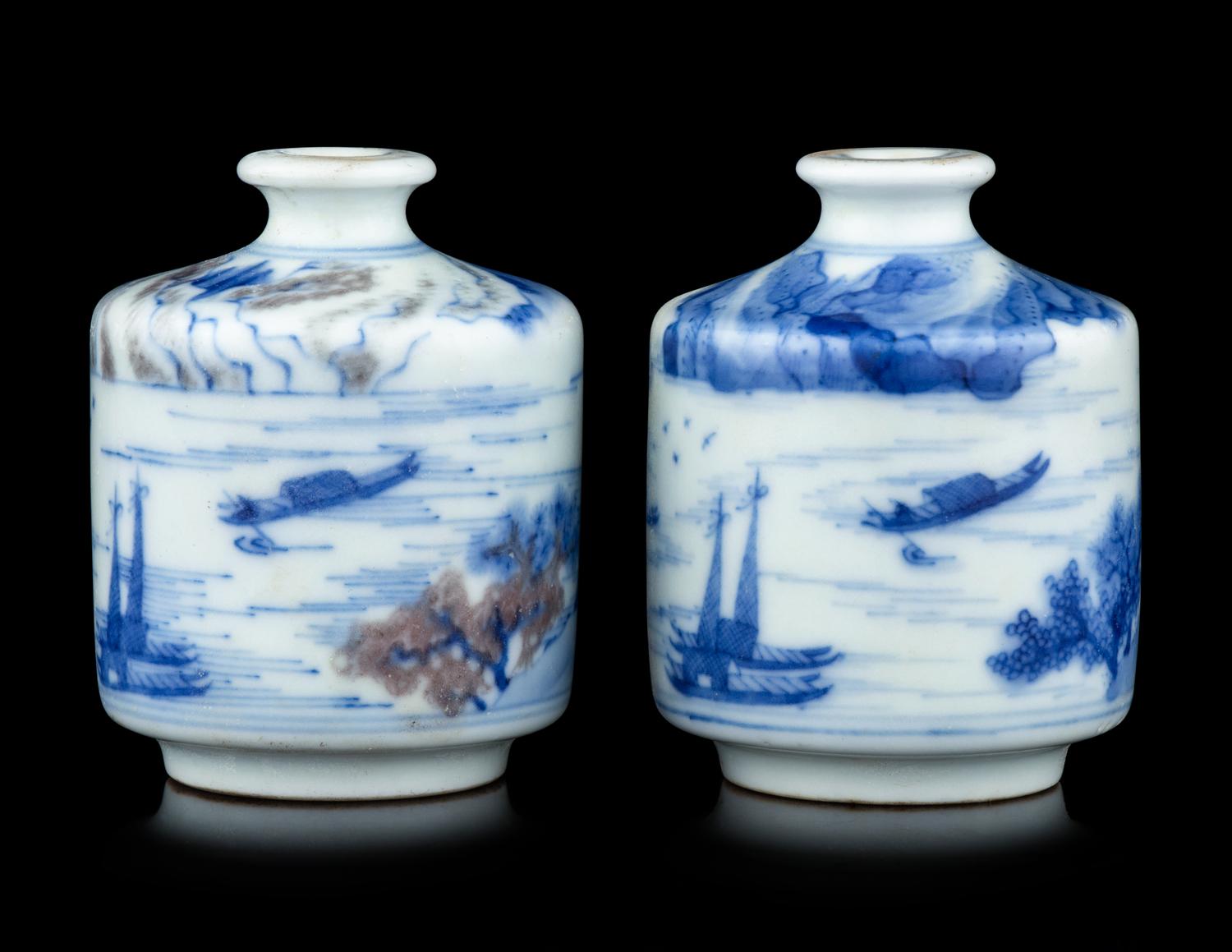 Two Chinese Copper-Red Decorated Blue and White Porcelain Snuff Bottles