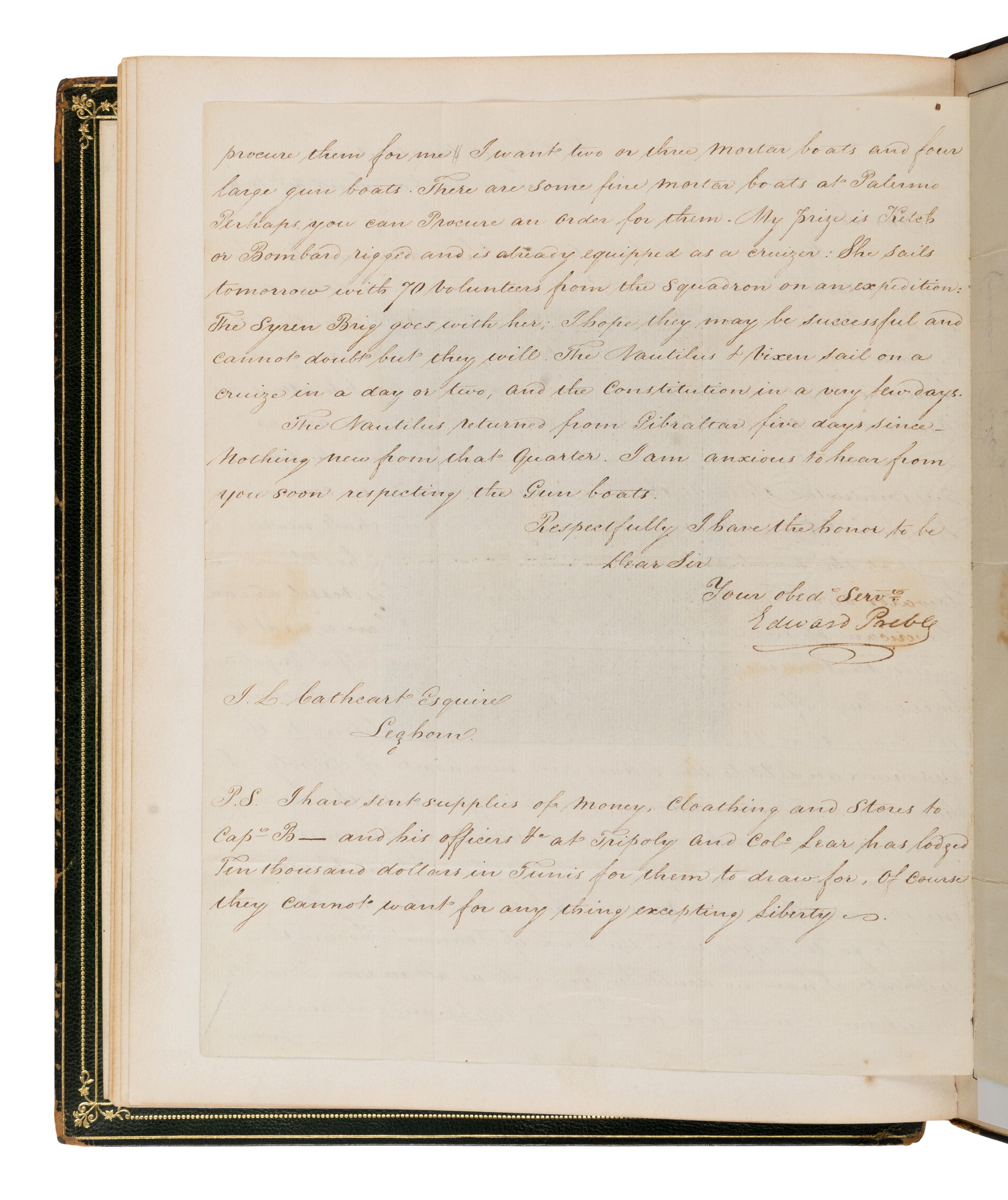 Preble, Edward (1761-1807). Autograph letter signed ("Edward Preble") to James Leander Cathcart, U.S. Frigate Constitution , Syracuse Harbor, 31 January 1804.