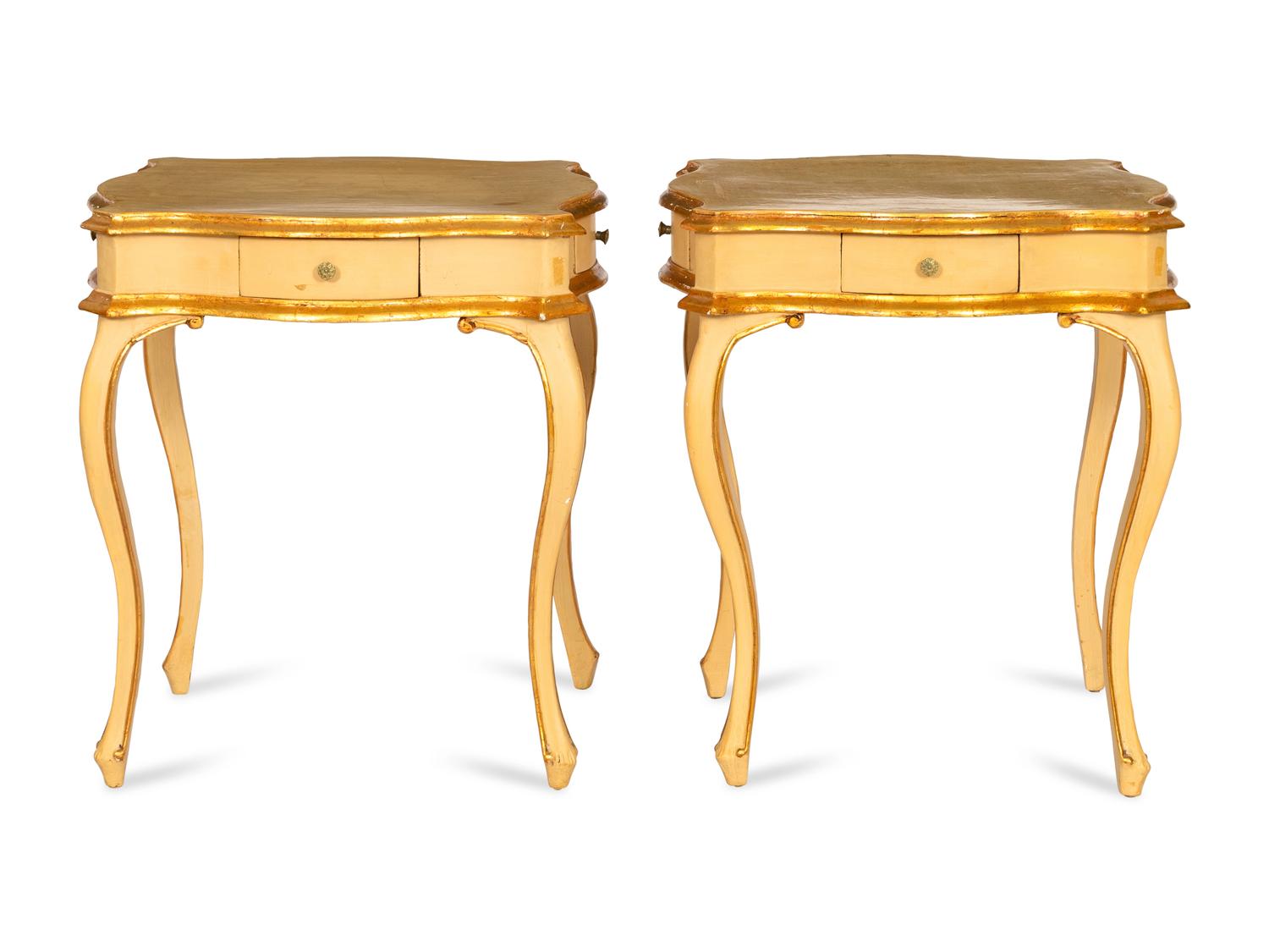 A Pair of Italian Painted and Parcel Gilt Cartouche-Form Side Tables