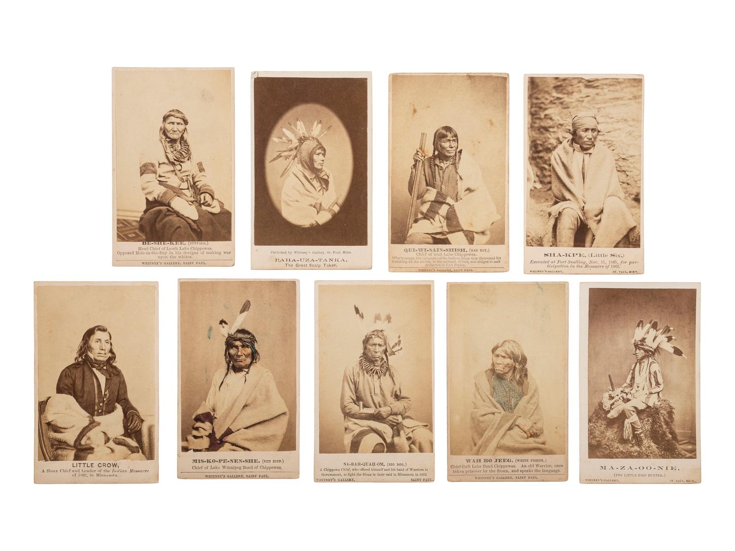 [NATIVE AMERICANS]. A group of 9 CDVs of Sioux involved in the 1862 Dakota Uprising in Minnesota. St. Paul, MN: Whitney's Gallery.