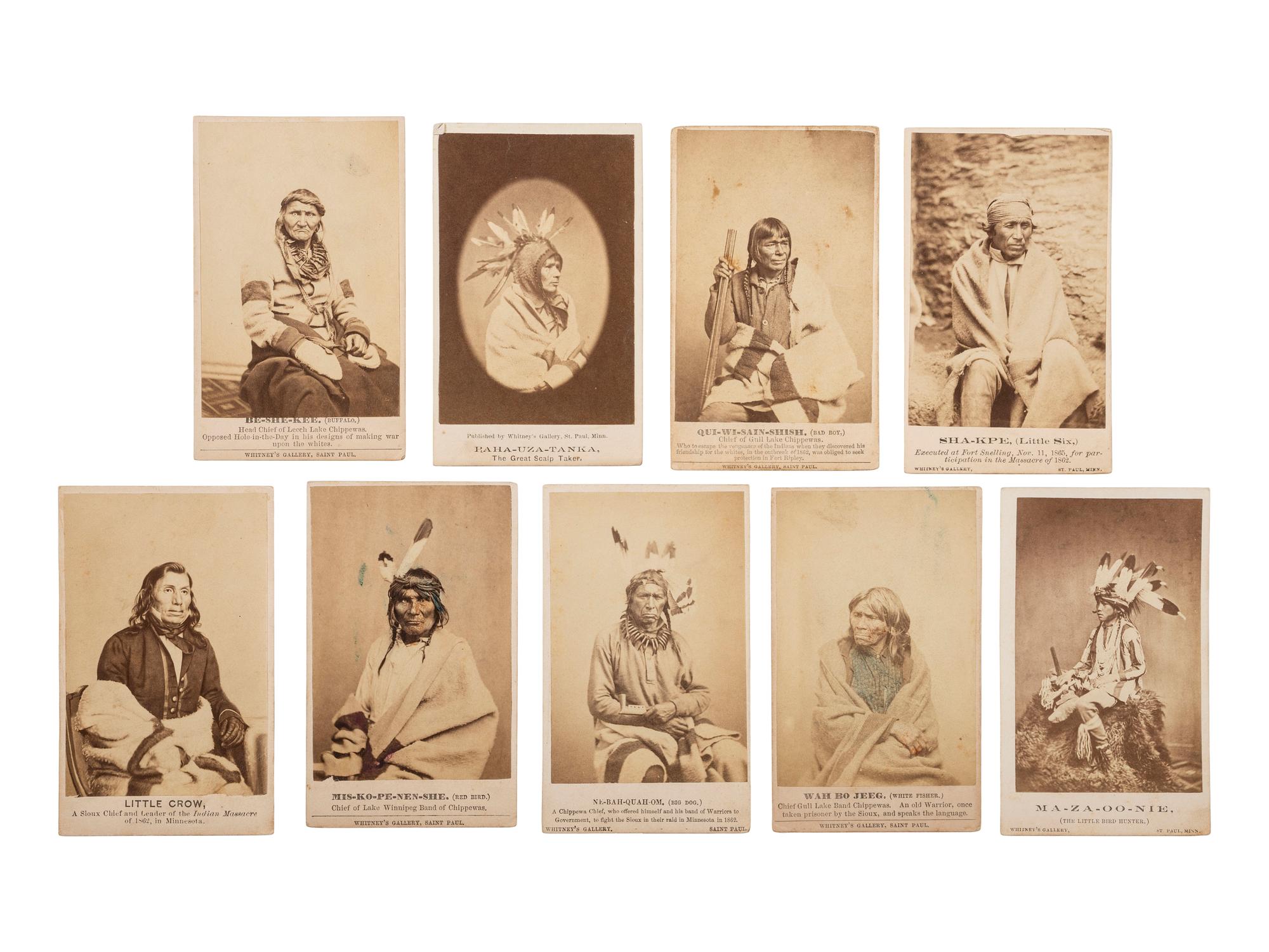 [NATIVE AMERICANS]. A group of 9 CDVs of Sioux involved in the 1862 Dakota Uprising in Minnesota. St. Paul, MN: Whitney's Gallery.