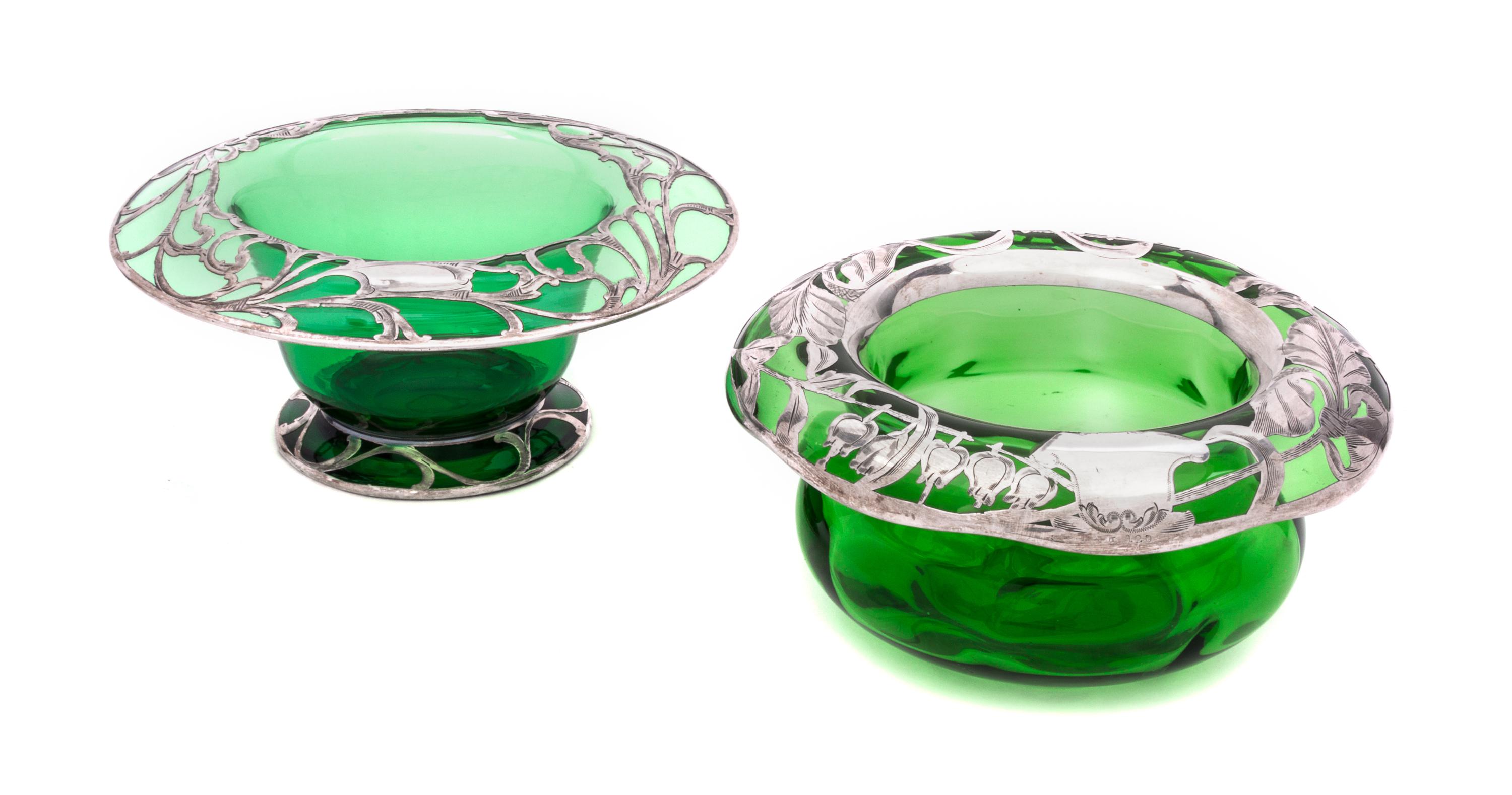 Two Silver Overlay Glass Bowls Diameter of larger 6 3/4 inches.