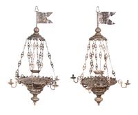 A Pair of Mexican Colonial Silver Four-Light Chandeliers