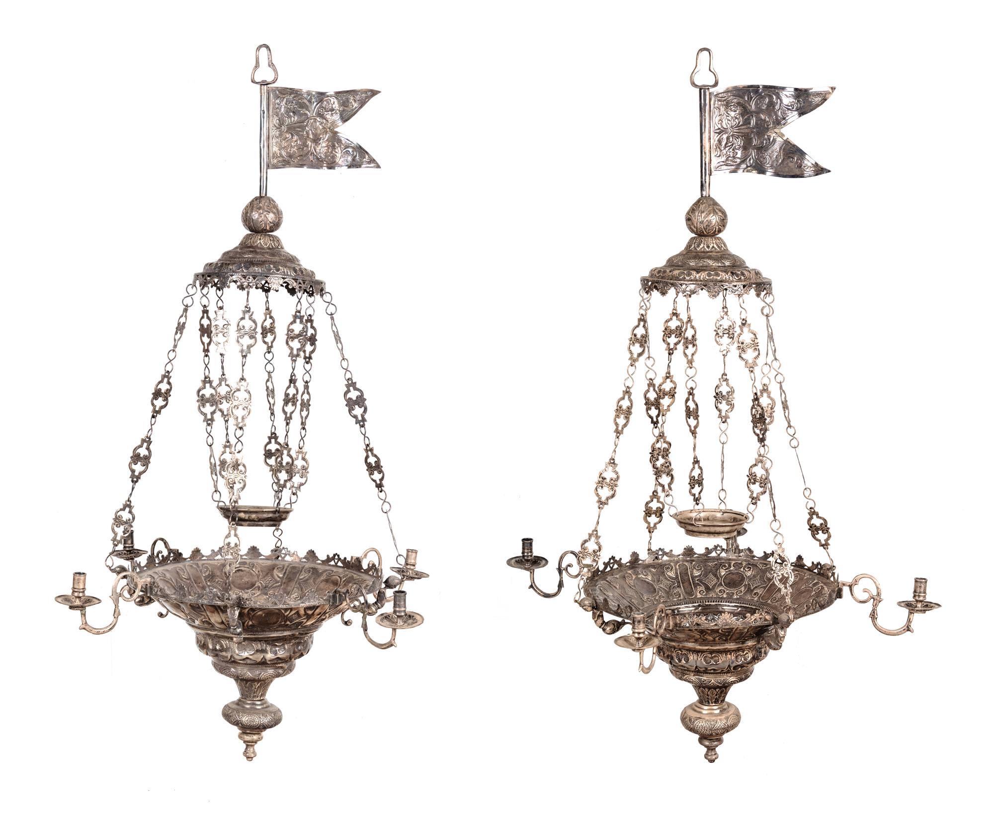 A Pair of Mexican Colonial Silver Four-Light Chandeliers