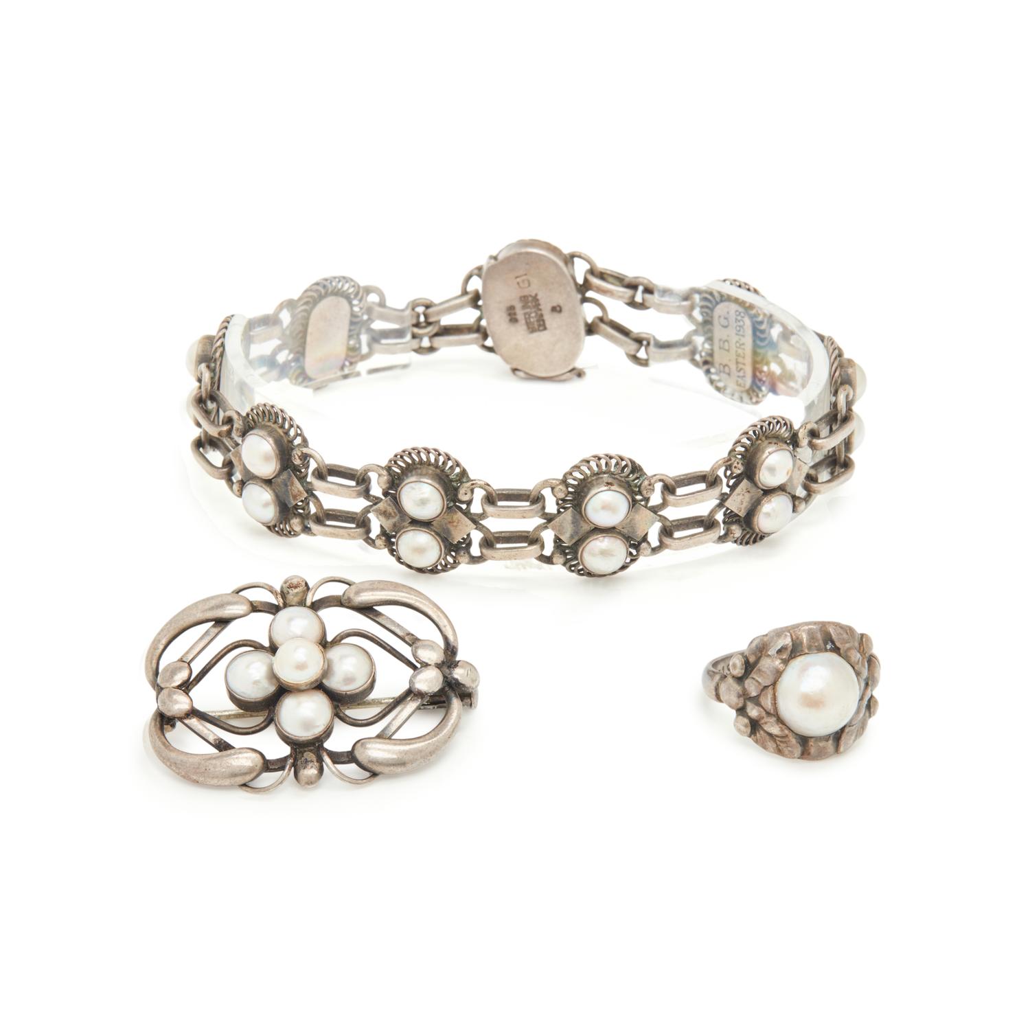 GEORG JENSEN, SILVER AND CULTURED PEARL JEWELRY SUITE