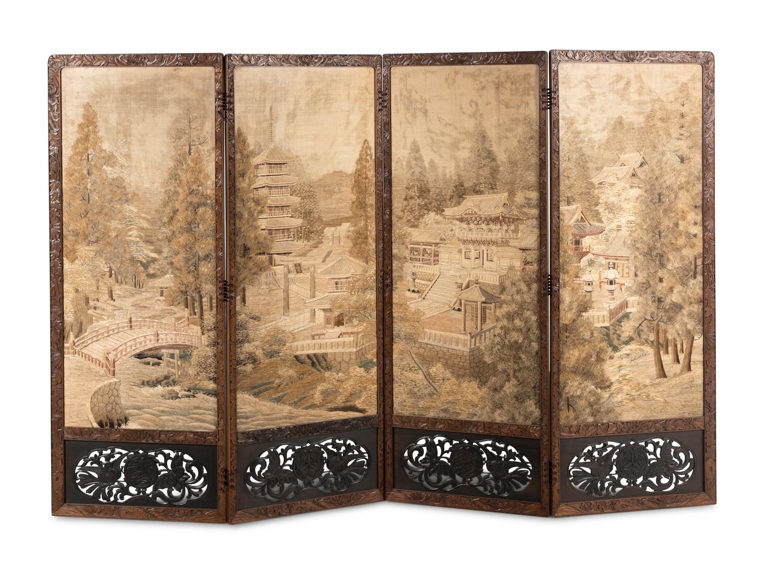 A Japanese Embroidered Silk Four-Fold Screen