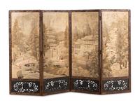 A Japanese Embroidered Silk Four-Fold Screen