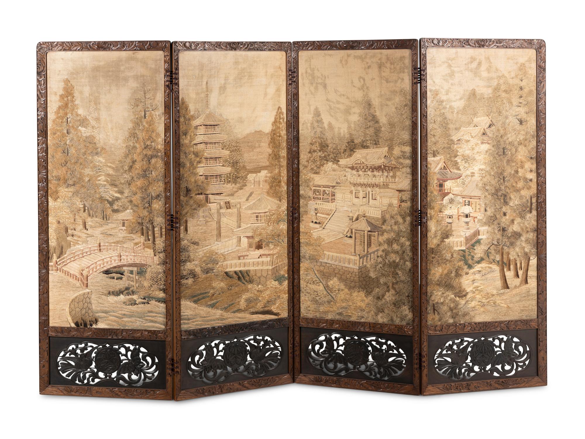 A Japanese Embroidered Silk Four-Fold Screen