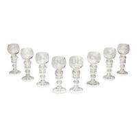 A Set of Eight Blown and Etched Glass Wine Glasses
