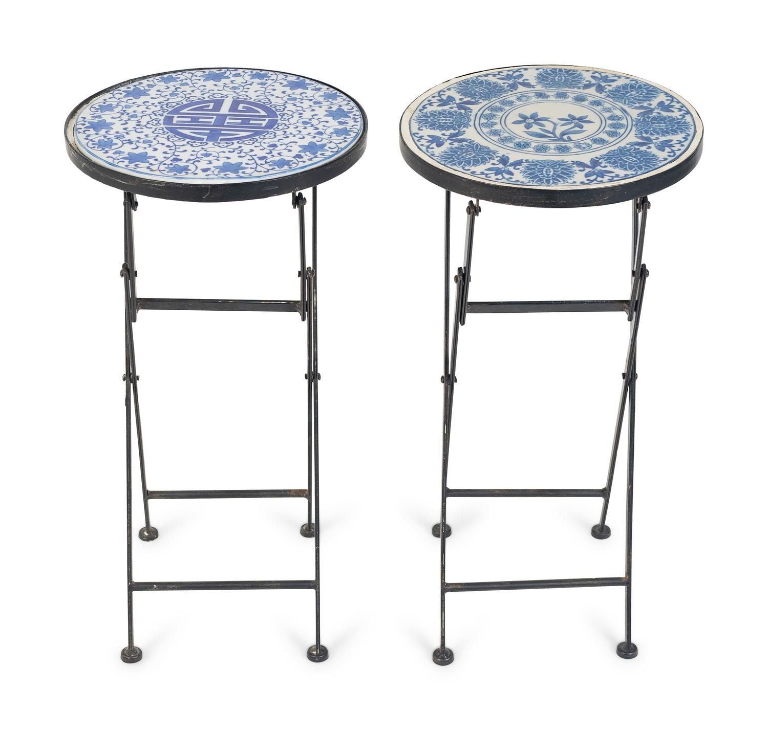 A Pair of Small Metal Folding Tables with Inset Blue and White Tiles
