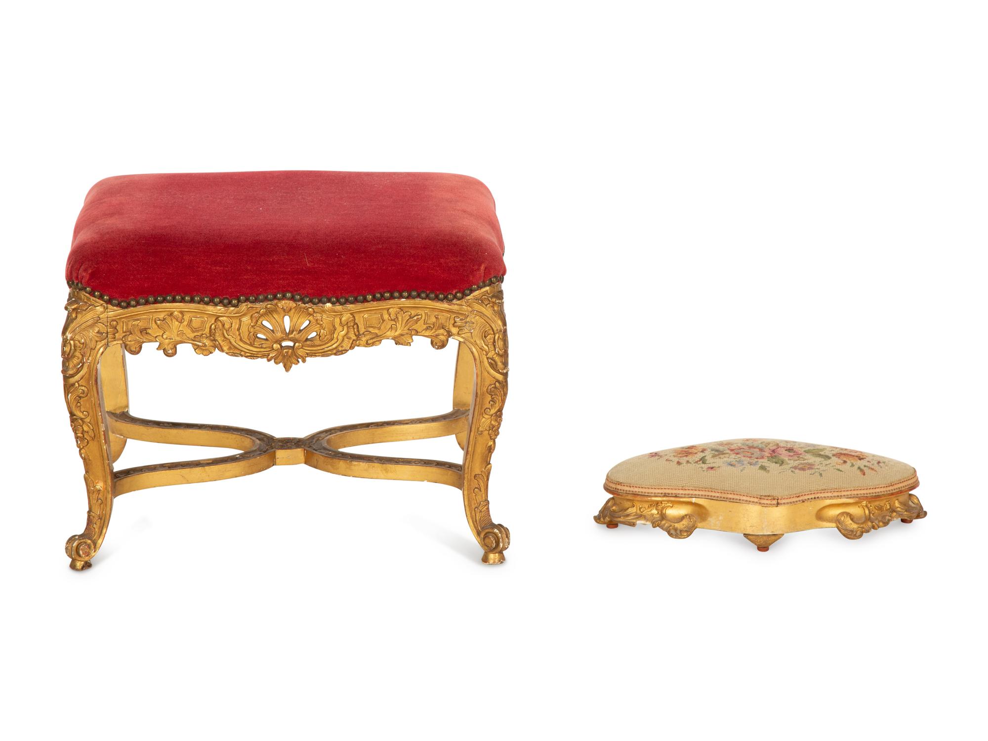A Louis XV Giltwood Stool and an Upholstered Tabouret