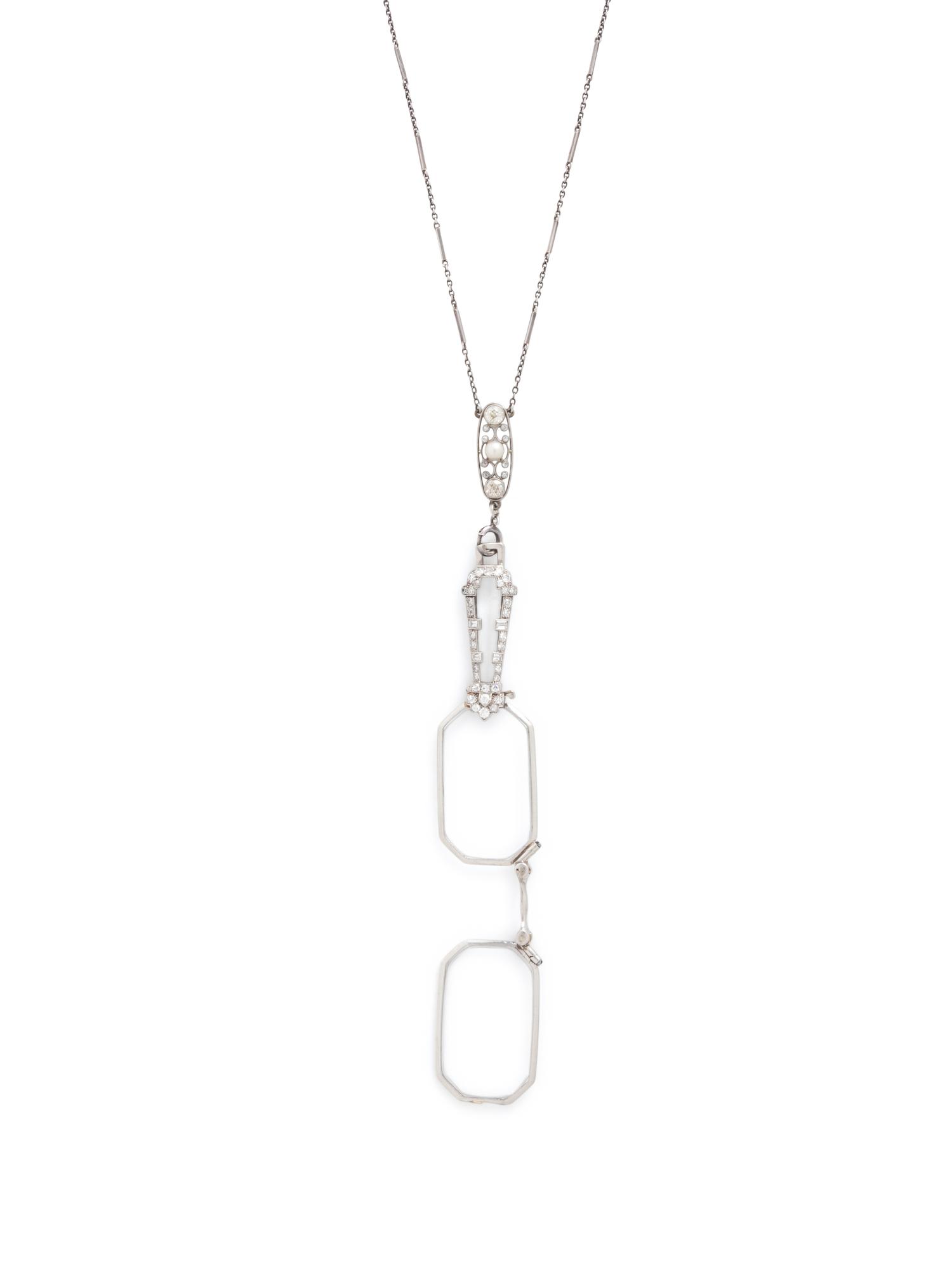 ART DECO, DIAMOND, ROCK CRYSTAL, AND PEARL LORGNETTE WITH EDWARDIAN CHAIN