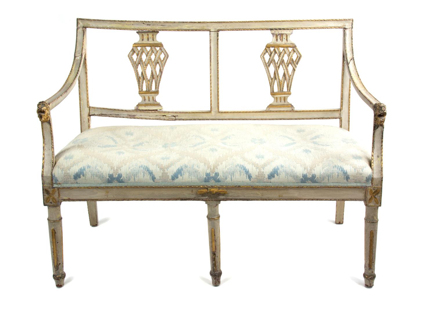 A Gustavian Painted and Parcel Gilt Settee Height 33 1/2 x width 42 x depth 21 1/2 inches. — LATE 18TH/EARLY 19TH CENTURY